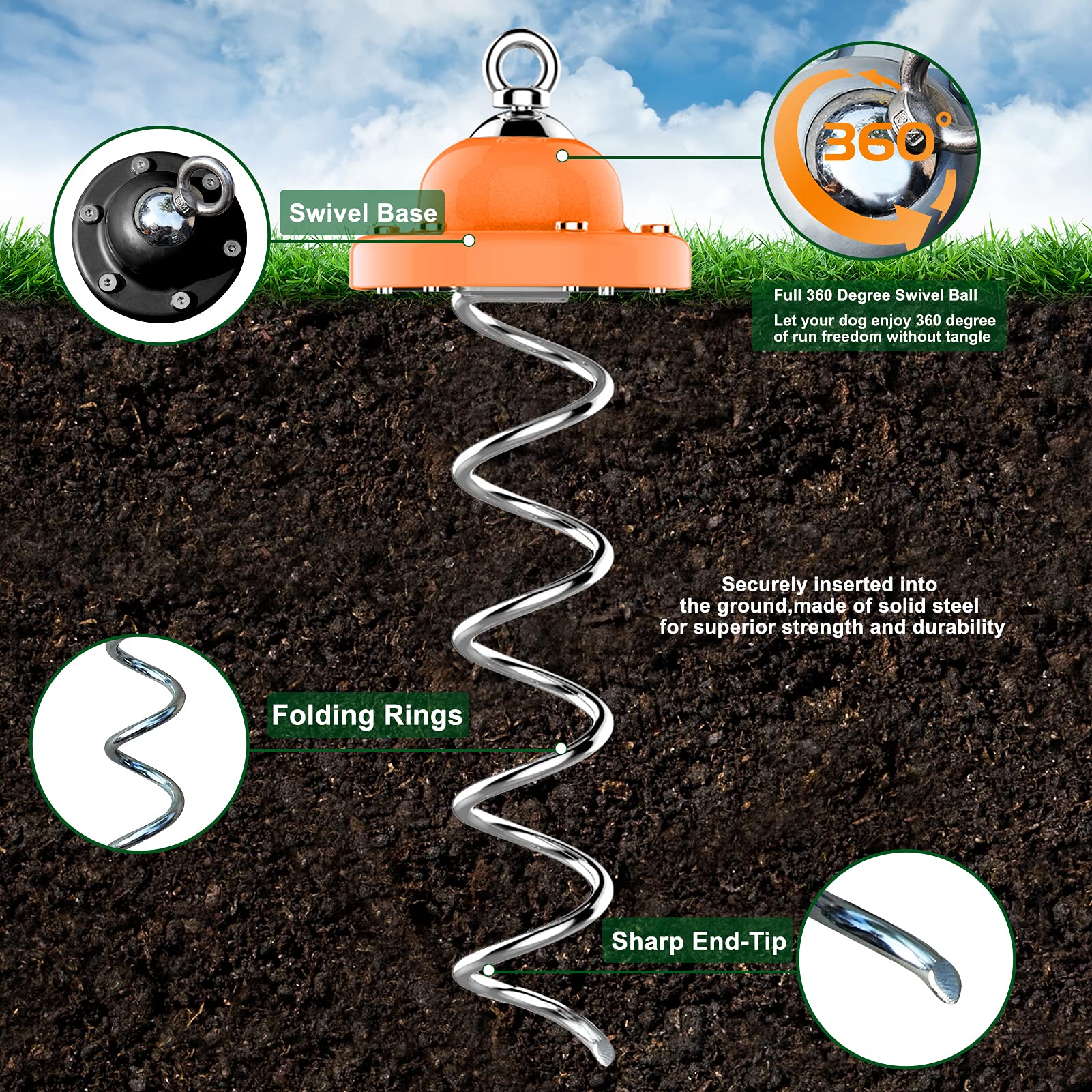 Eurmax Usa 360° Swivel Pet Dog Tie Out Stake Bonus 17Ft Dog Tie Out Cable Dog Anchor Heavy Duty Dog Yard Stake Rust Proof Anchor Dog Tether (Orange)