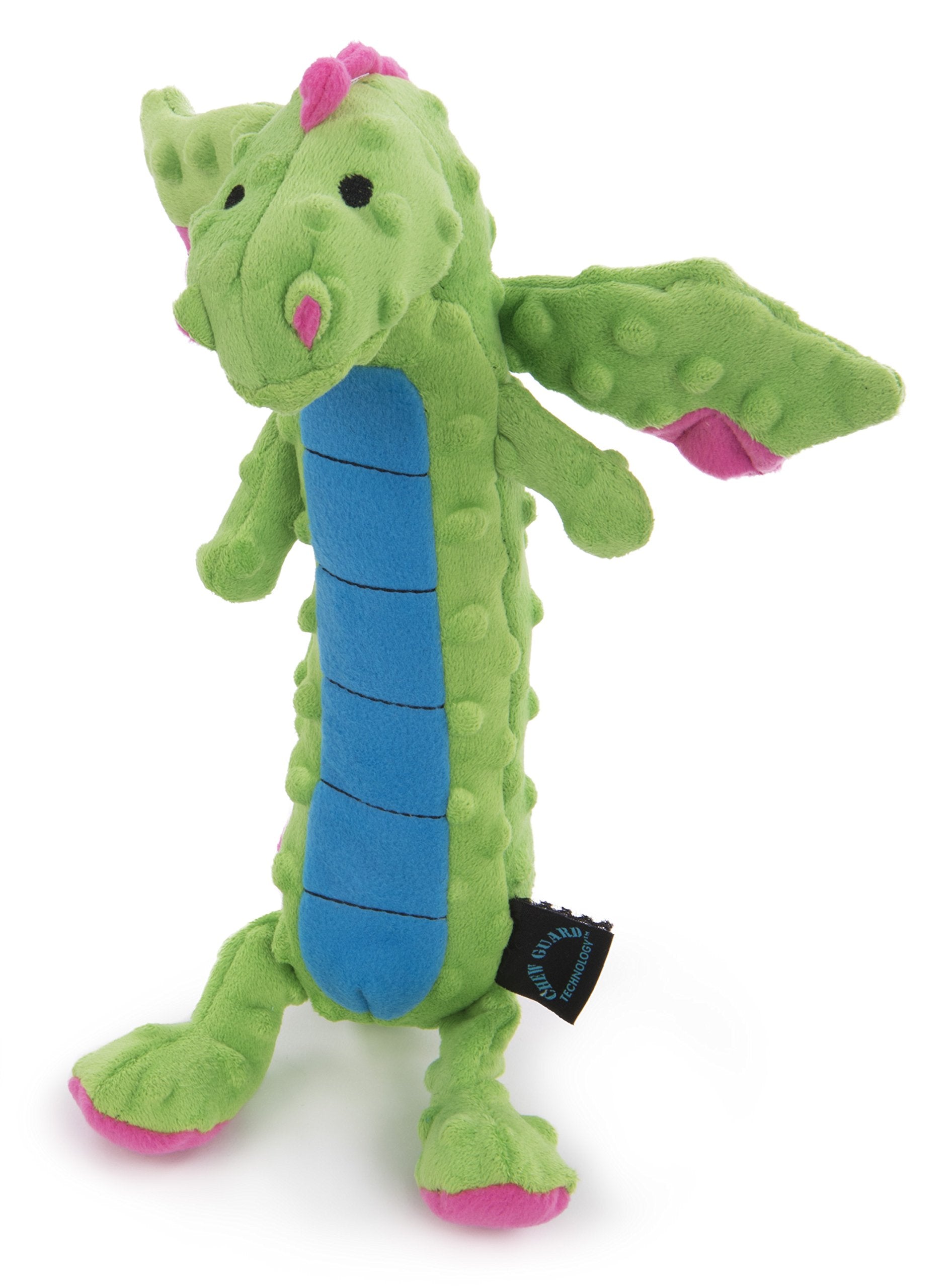 goDog Squeaky Plush Dog Toy, Chew Guard Technology, Large, Green, Bubble Plush Skinny Dragon