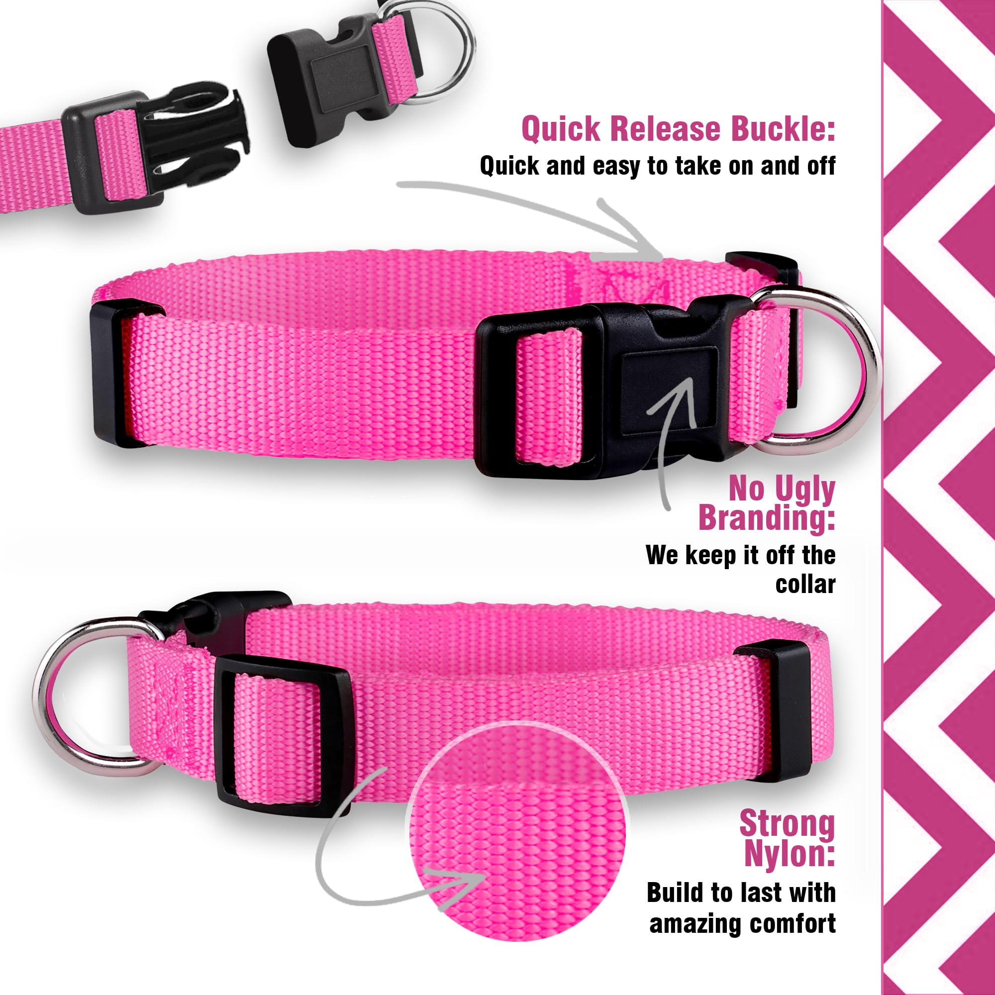 Native Pup Basic Nylon Dog Collar, Adjustable For Small, Medium, Large Pet And Puppies Accessories, Cute Colors For Male, Female, Boy, Girl, Puppy (Large, Hot Pink)