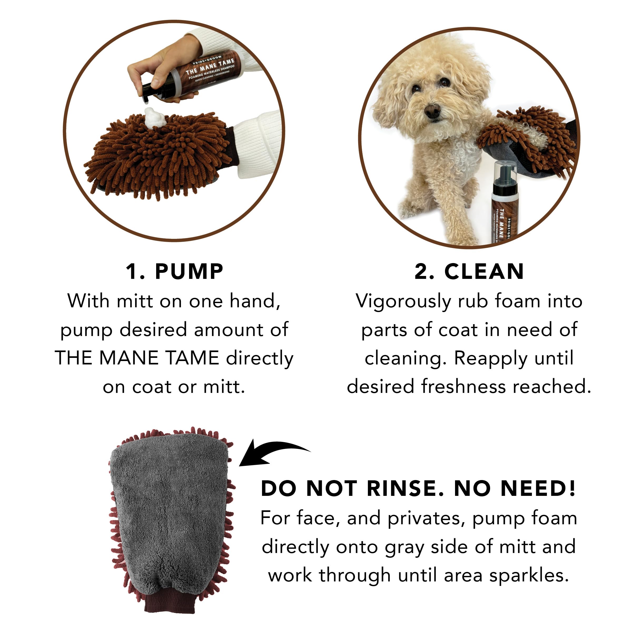 PRIDE AND GROOM Waterless Dog Bath MITT KIT - Foaming Dry Shampoo & Sensitive Glove for Rinse-Free Cleanse, Brown