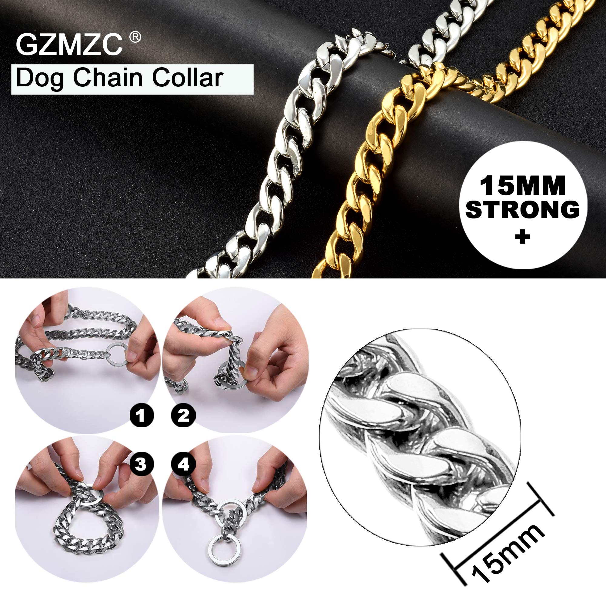 Gzmzc Dog Chain Collar 13/15/19Mm High Polished Stainless Steel Nk P Chain Cuban Link Strong Heavy Duty Chew Proof Walking Training Chain Leash Collar For Small Dogs(15Mm, 12')
