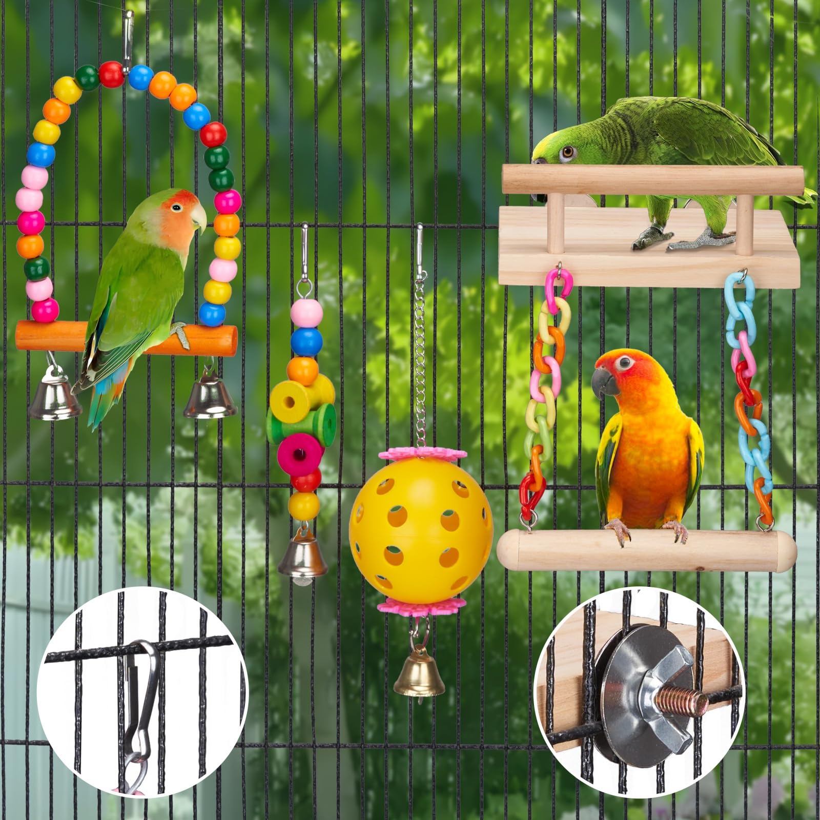 Frgkbtm 11Pcs Bird Parakeet Toys Wooden Bird Platform Stands Swing Hanging Chewing Toy Parrot Climbing Ladder Colorful Bird Cage