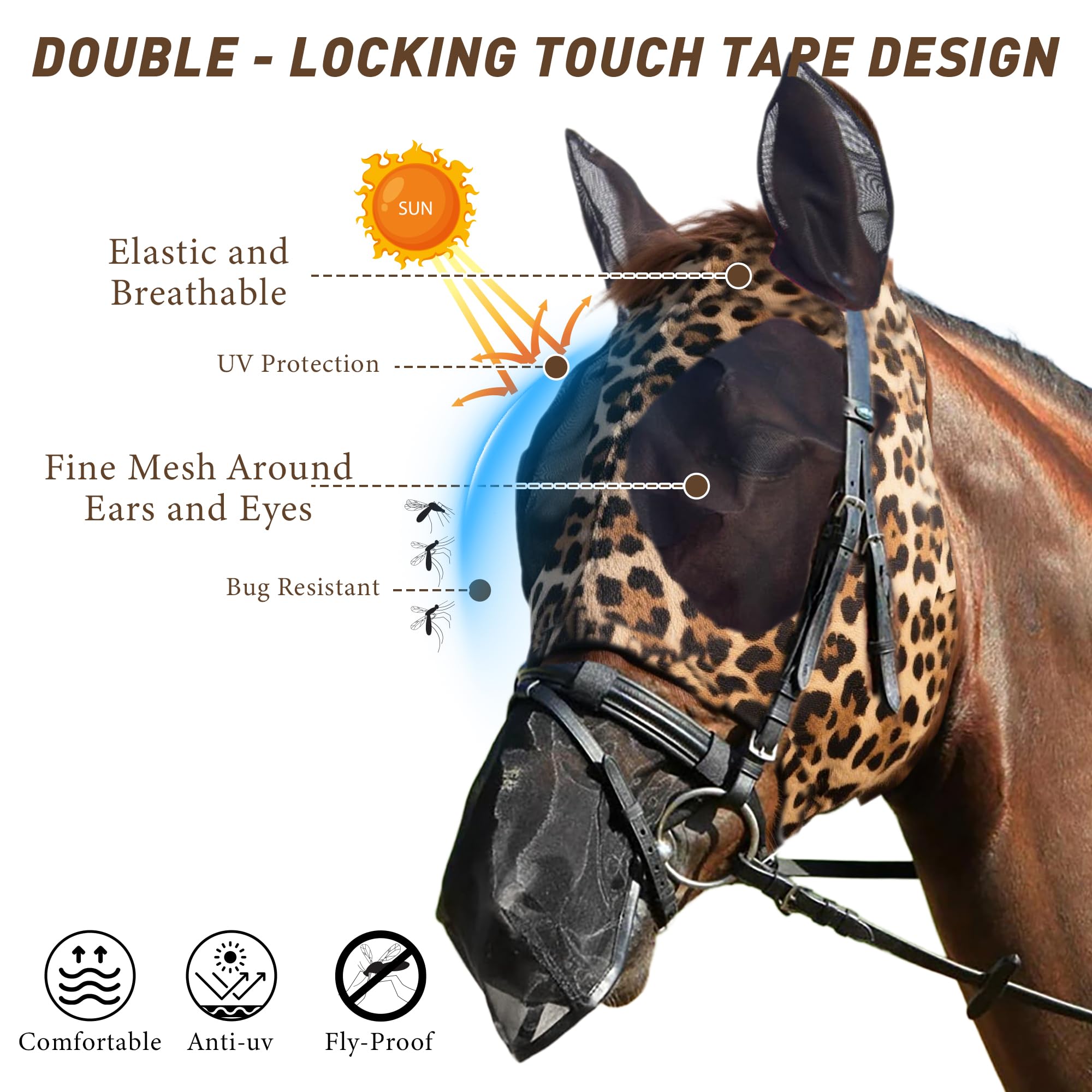 Qoroos 2 in 1 Set Detachable Horse Fly Mask with Nose Cover Fly Masks for Horses with Ears & Eyes Elastic for All Face UV Protec