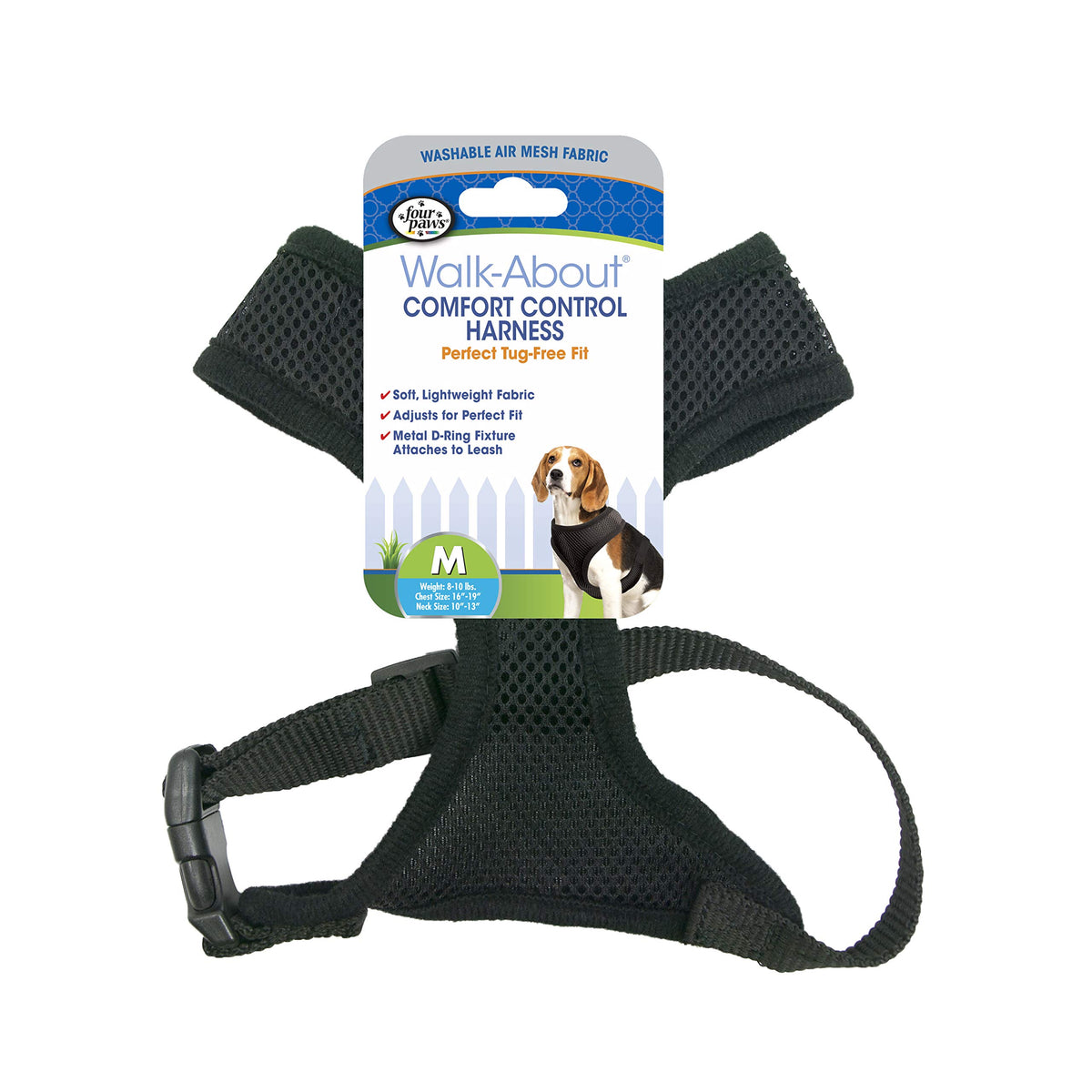 Four Paws Walk-About Comfort Control No-Pull Harness For Dogs, Adjustable Soft Padded Breathable Air Mesh Dog Vest For Walking, Black, Medium