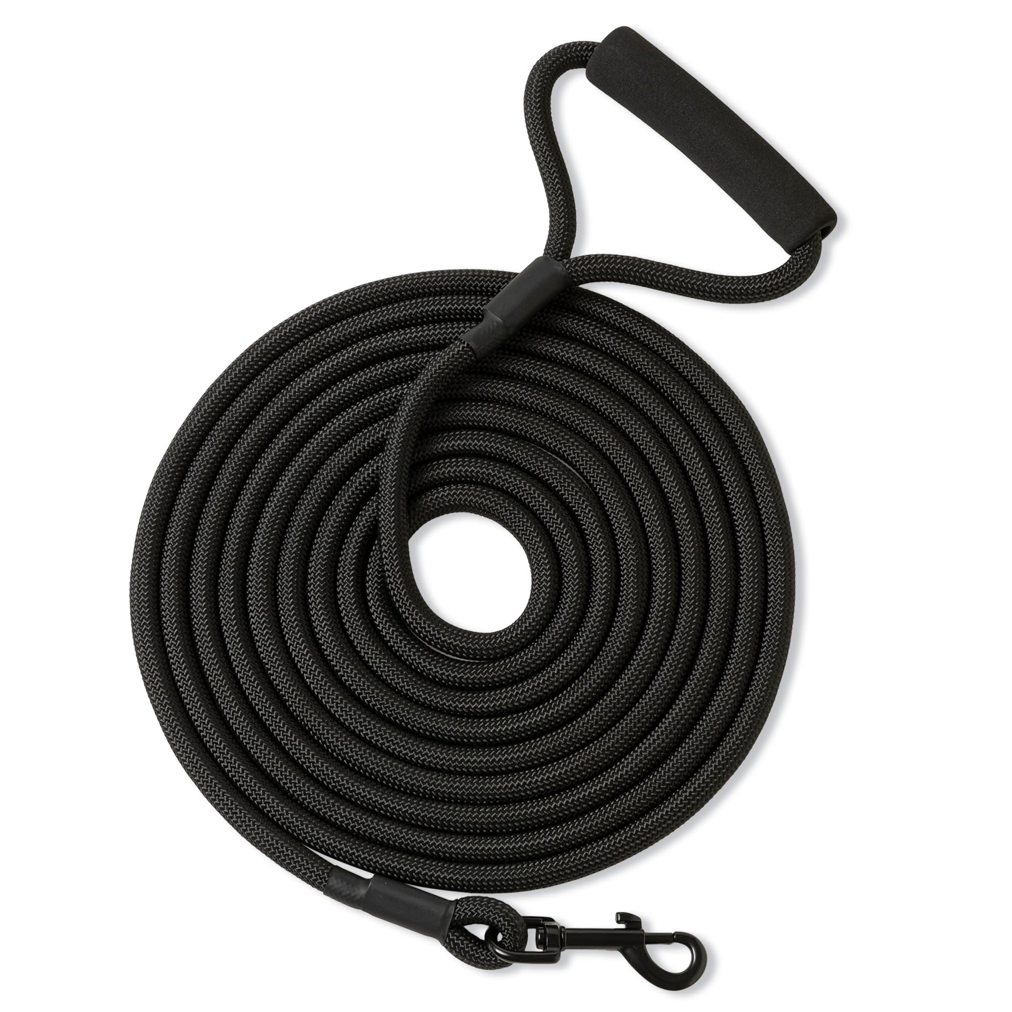 Mile High Life Long Dog Leash, With Comfortable Padded Handle, Black Nylon Rope Leash With Steel Tips, Heavy Duty 15 Feet Pet Le