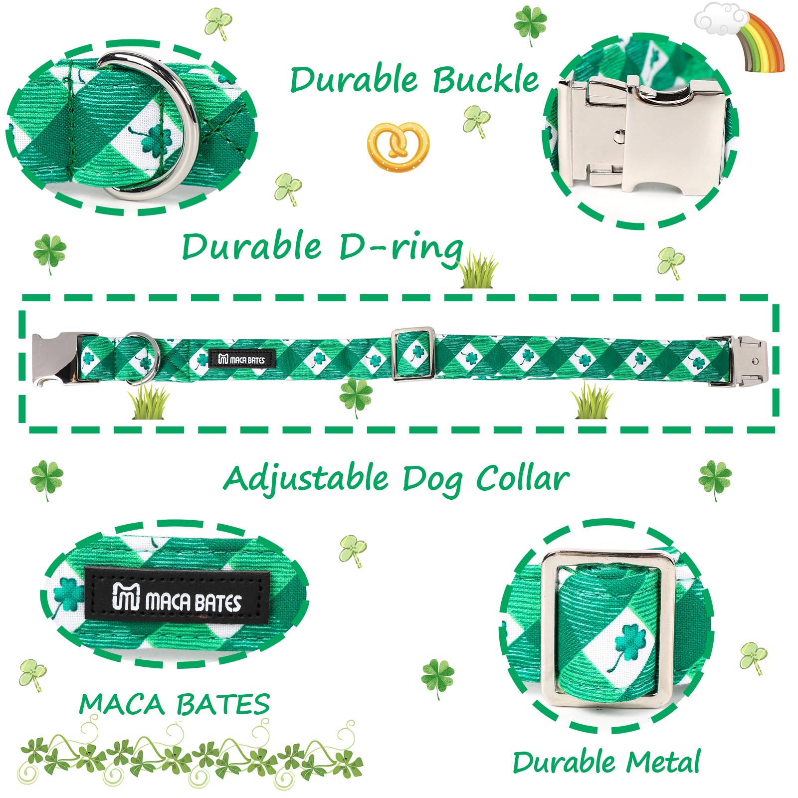 Maca Bates St Patricks Day Dog Collar Irish Clover Dogs Collars Plaid Green Spring Adjustable Durable Saint Patrick'S Shamrock S
