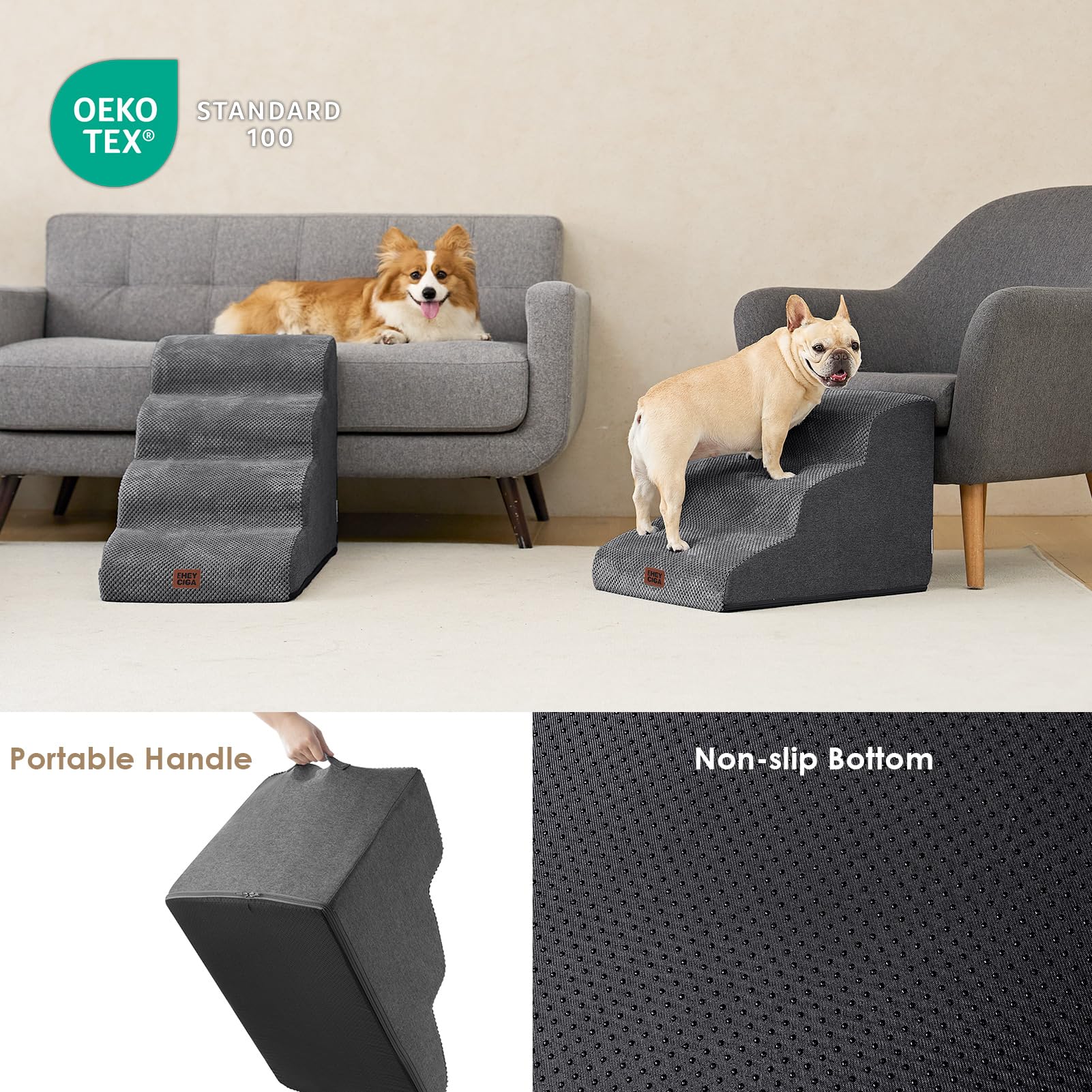 Eheyciga Curved Dog Stairs Ramp For Small Dogs 15.7' H, 3-Step Dog Steps For Couch Sofa And Chair, Pet Stairs For Cats, Non-Slip Balanced Pet Steps Indoor, Grey