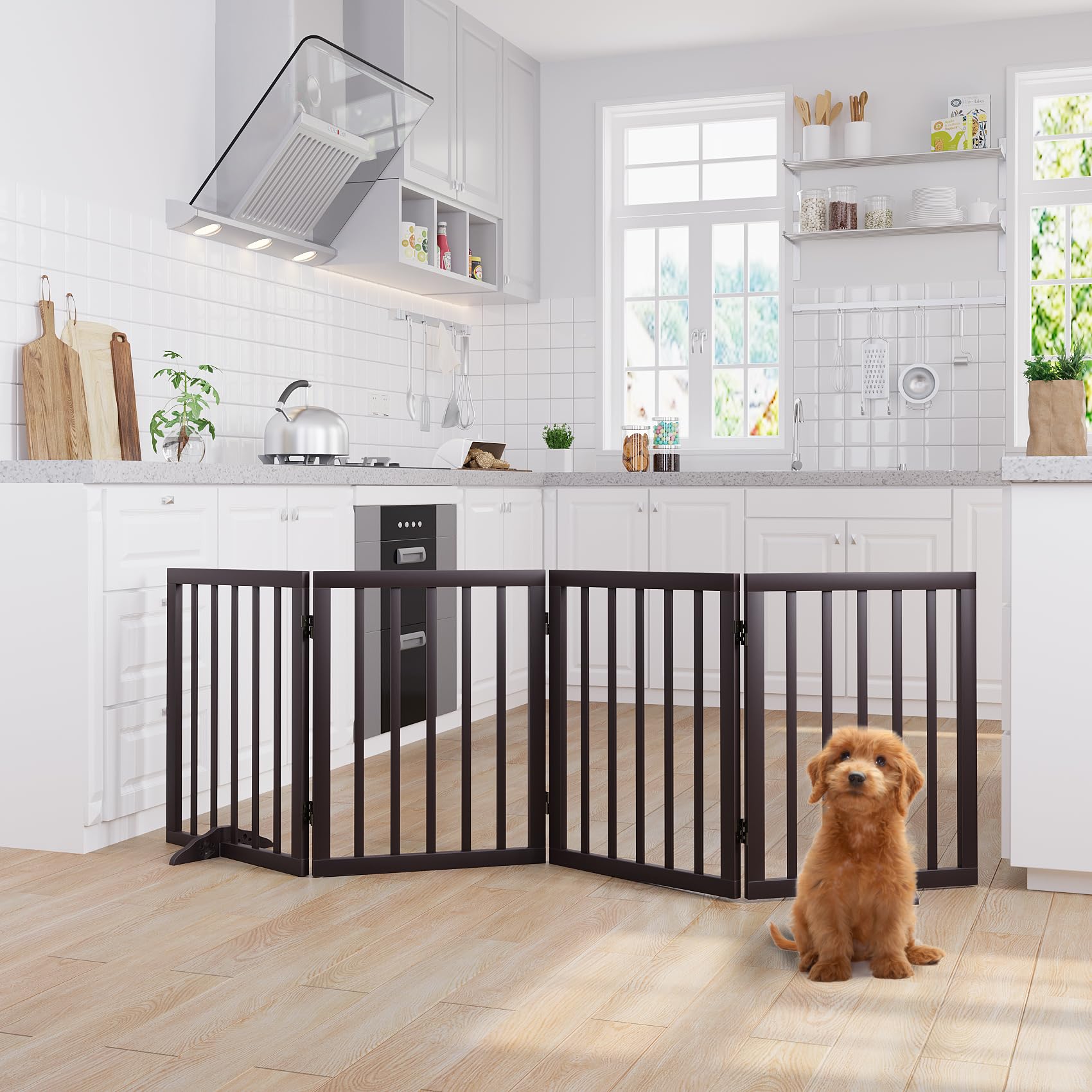 Semiocthome Freestanding Dog Gates for The House, Doorways, Stairs with 2PCS Support Feet, Foldable 4-Panel Pet Gates for Dogs, 