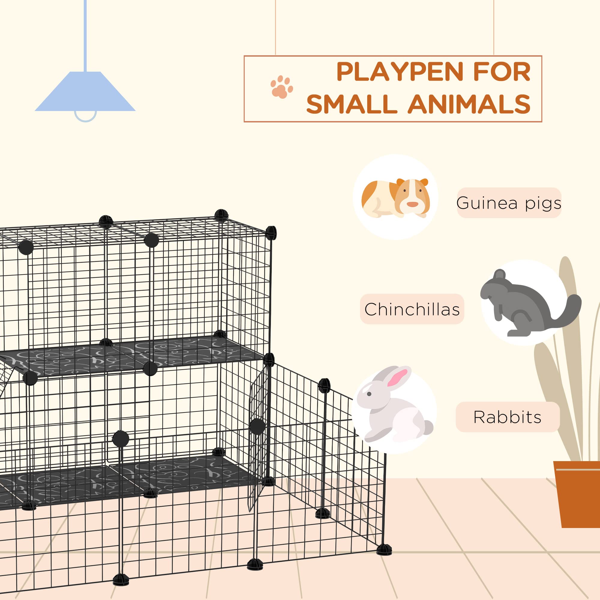 Pawhut Pet Playpen W/ Door Customisable Fence For Guinea Pigs Hamsters Chinchillas Hedgehogs - Black
