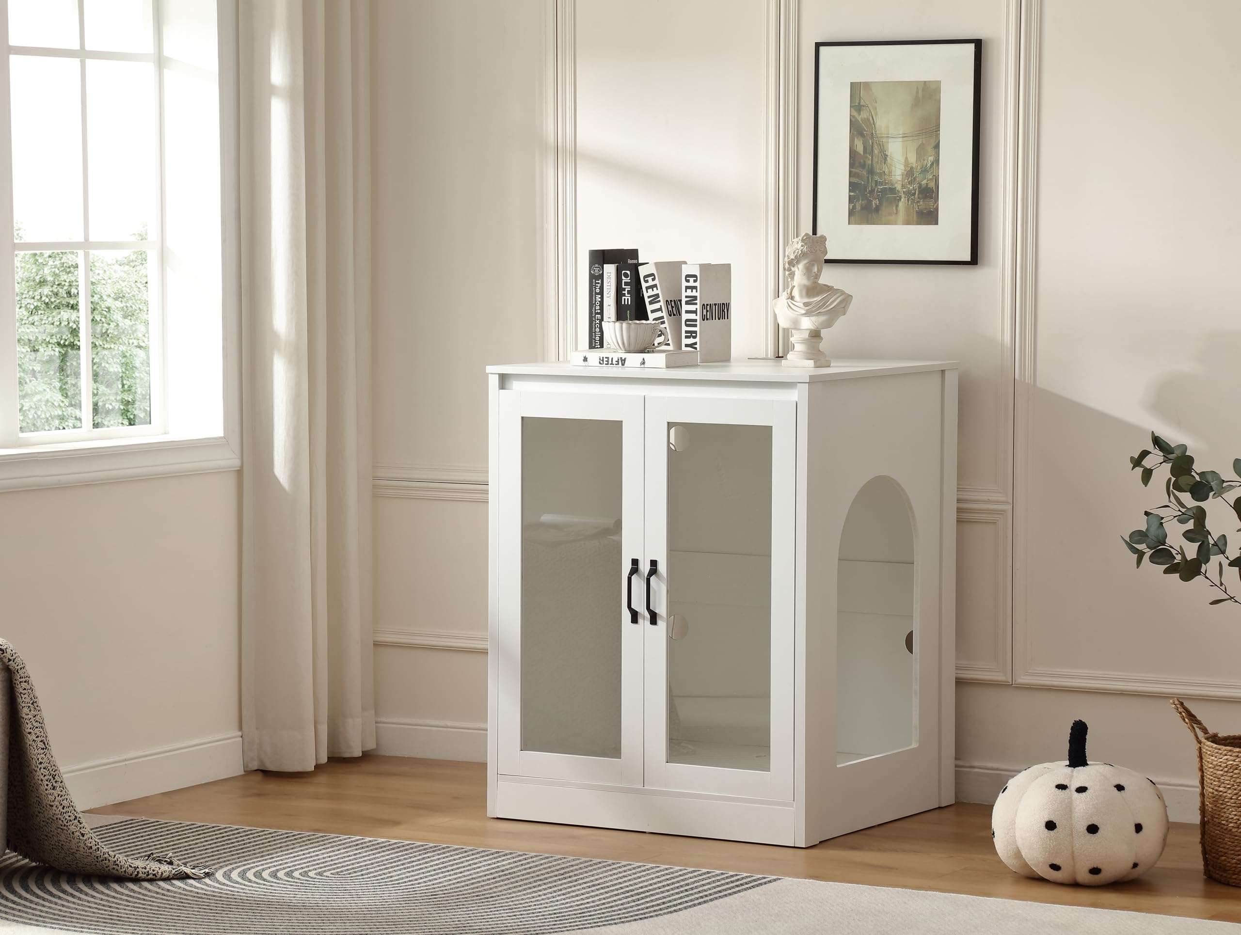 Forest Gravity Cat Litter Robot Enclosure with Cat-Observant Glass Doors,Litter Robot Cabinet with Cozy LED for Cats,Reversible 