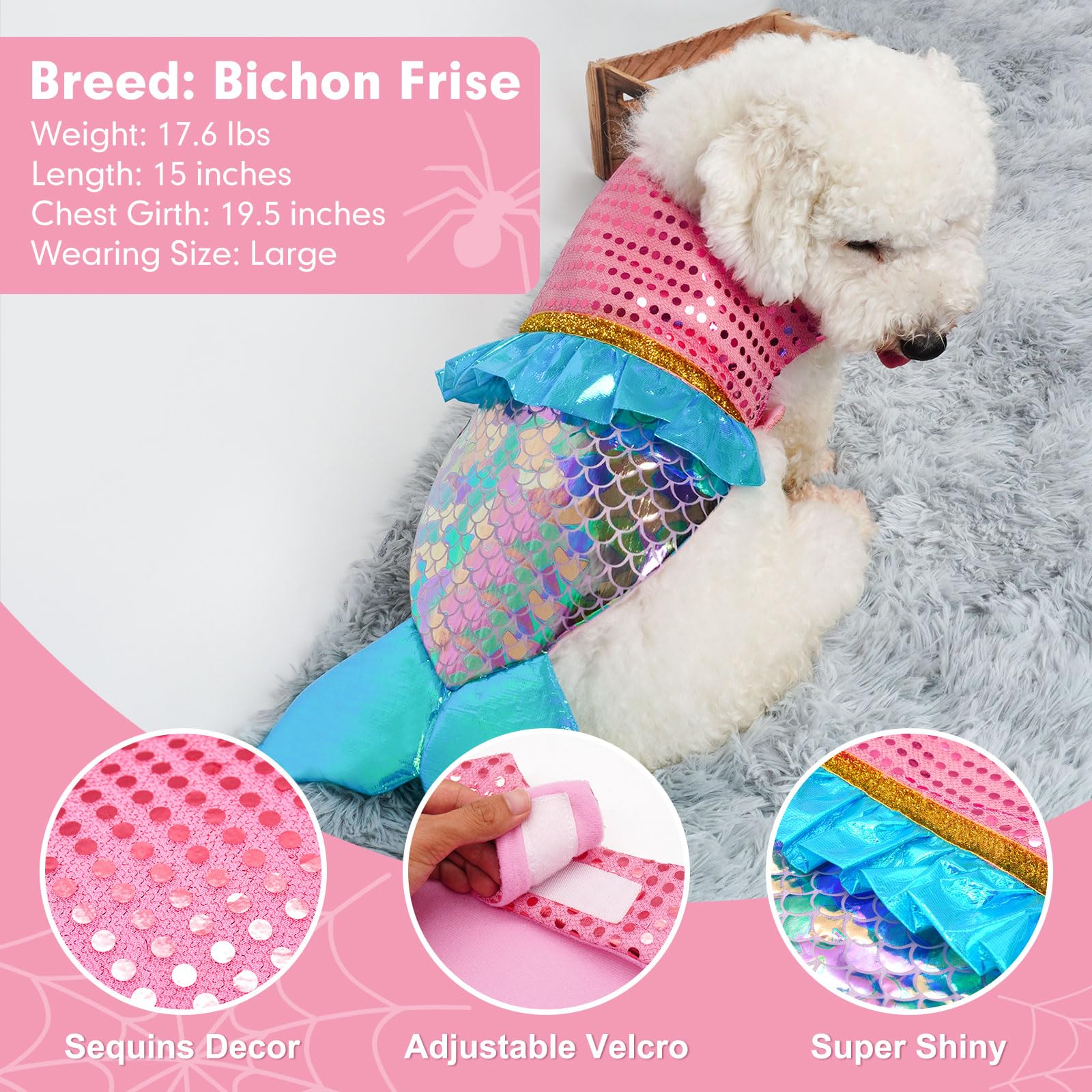 Cyeollo Mermaid Dog Halloween Costumes Cute Dog Costume Sequin Birthday Party Dog Clothes Outfit Dressing Up Pet Costumes For Medium Dogs Size L