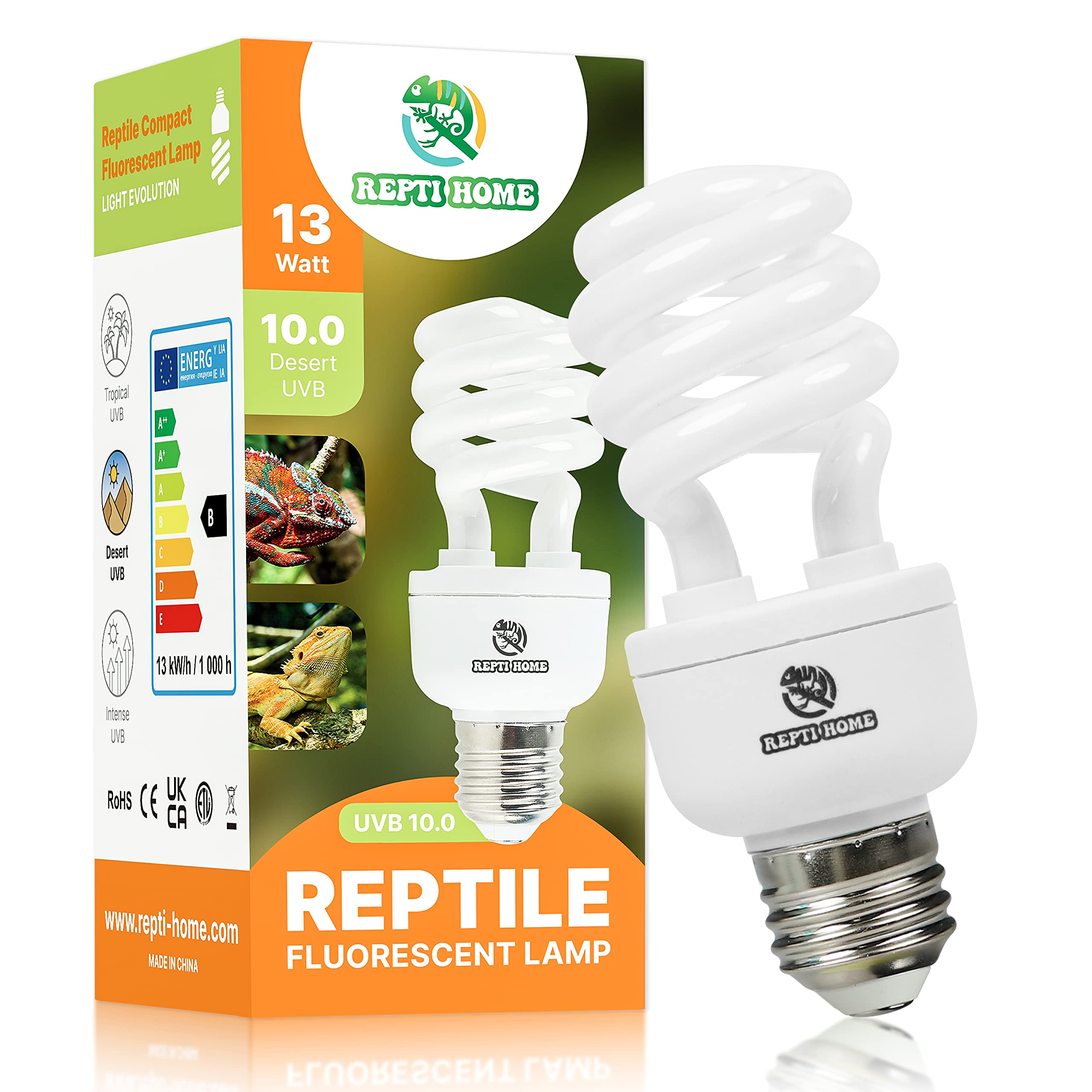Repti Home Uvb Reptile Light 10.0, 13W Desert Uva Uvb Bulb For Reptiles, Compact Desert Terrarium Lamp, Reptile Uvb Light Bulb F