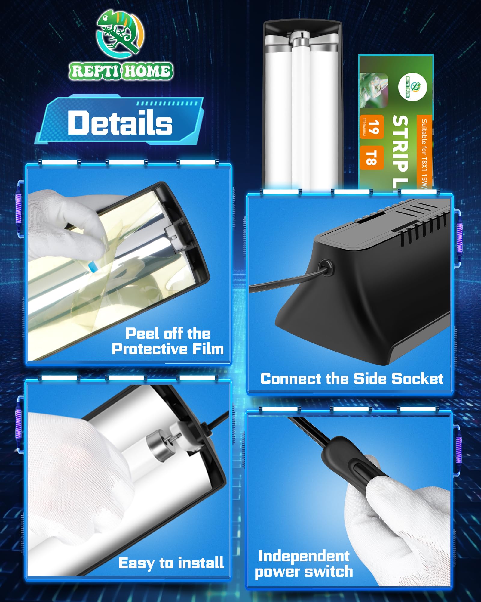 Repti Home T8 Uva Uvb Reptile Light Combo Kit(100V-250V Wide Voltage), Reptile Light Fixture With Uvb 10.0 Fluorescent Tube, 15W