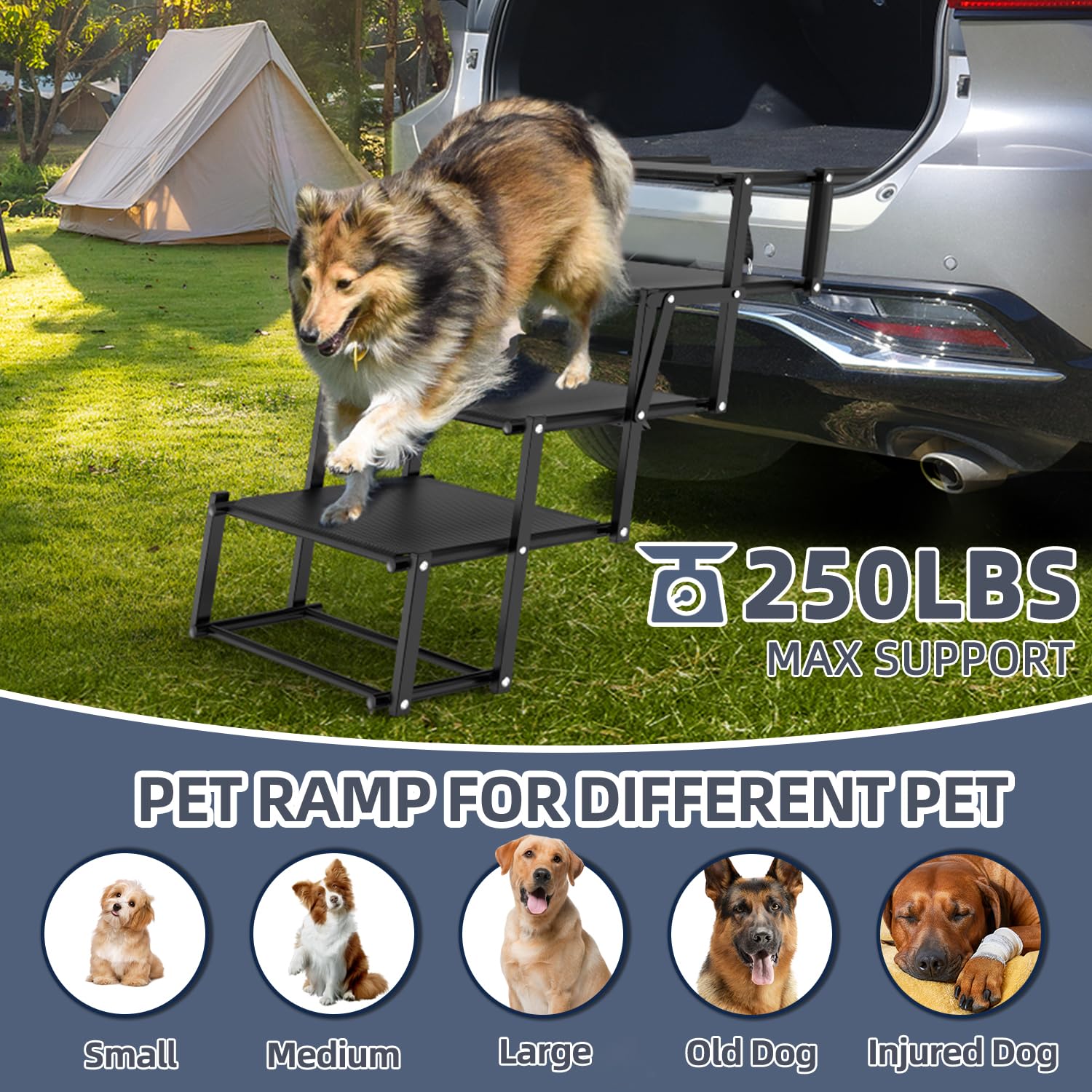 Petruna Extra Wide Dog Stairs For Car, Foldable Dog Ramp For Car With Non-Slip Surface, Lightweight Steps For Suv, High Beds, Tr