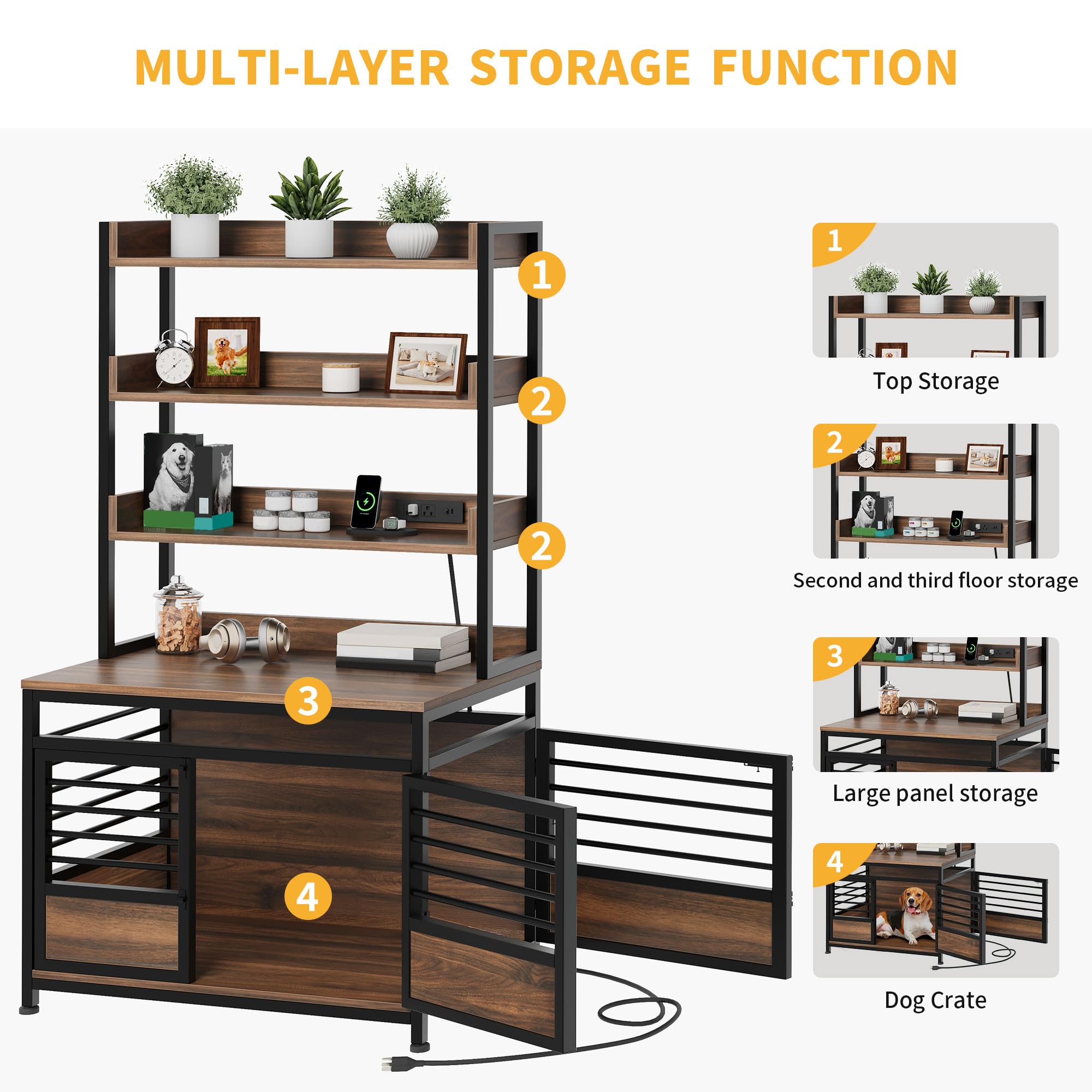 DWVO Dog Crate Furniture with Storage Shelves, Heavy Duty Dog Crate with Charging Station, 39 Inch Dog Kennel Indoor Furniture f