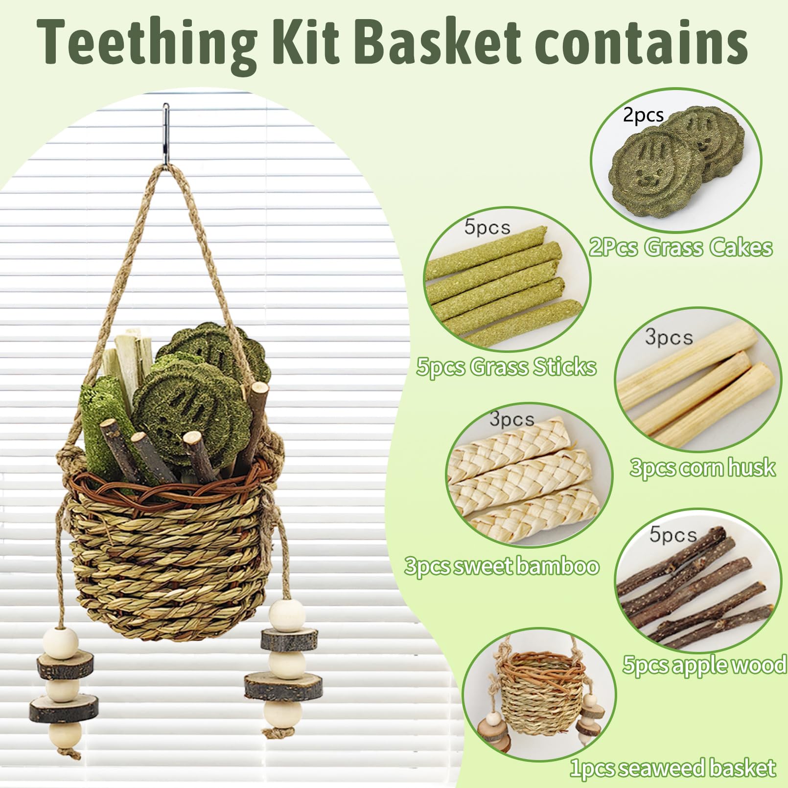 Kathson Bunny Chew Toys For Teeth Grinding, Rabbit Wooden Scratch Board Feet Pad Platform Natural Seagrass Hanging Basket Small