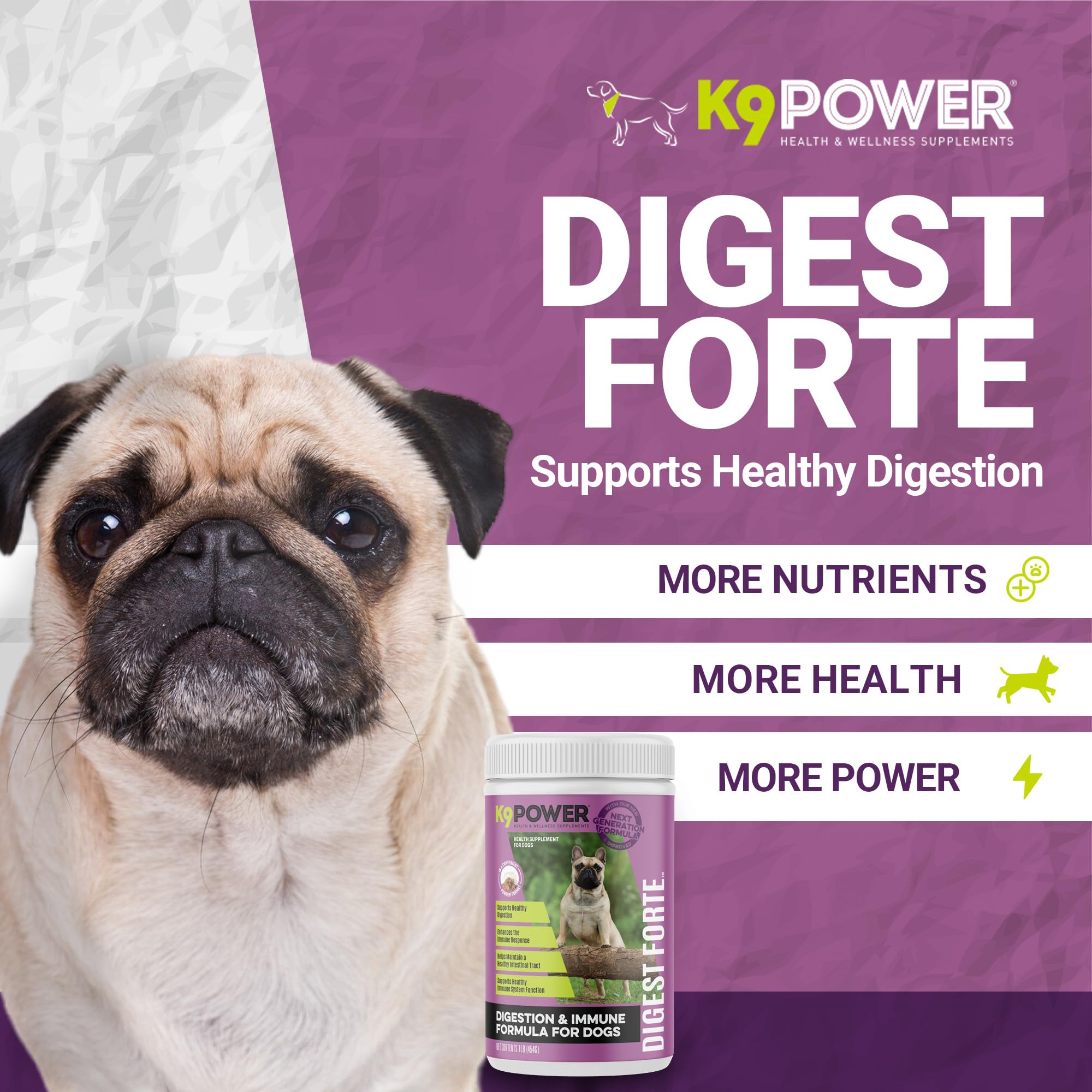 K9 Power Digest Forte for Dogs 1lb - Digestive, Immunity & Calming Support - Enhances Nutrient Absorption - Balances Gut Flora -