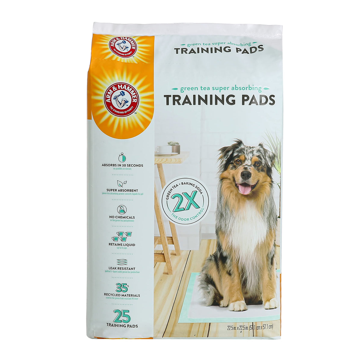 Arm & Hammer Green Tea Pet Training Pads | 25-Ct Dog Training Pads With Super Absorbing Green Tea Baking Soda For 2X The Odor Control | Leakproof & Recycled Training Pads For Dogs