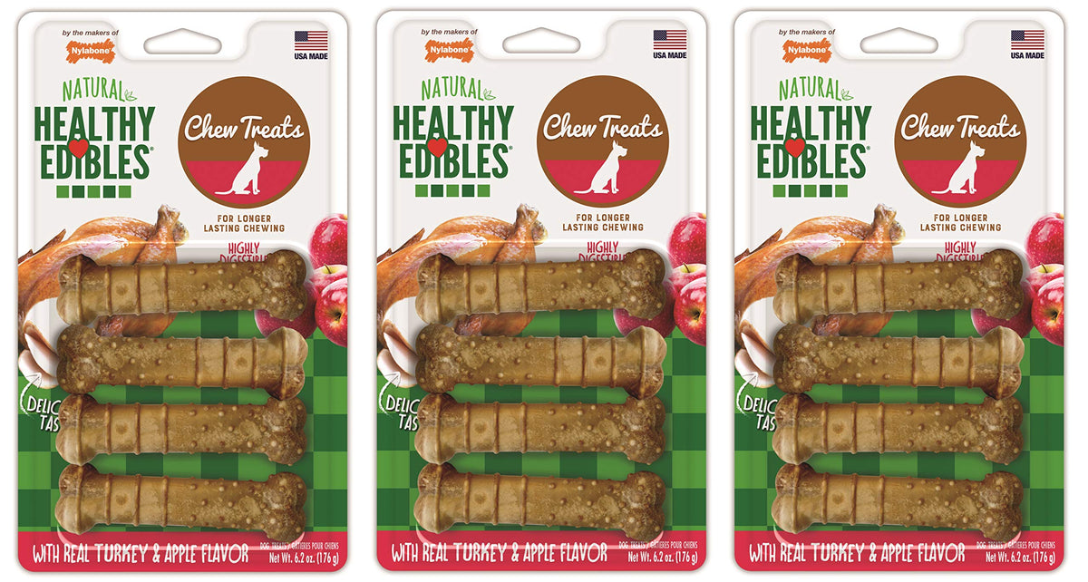 Nylabone 12 Pack Of Healthy Edibles Chew Treats, Regular, Turkey And Apple Flavor Bones For Dogs Up To 25 Pounds
