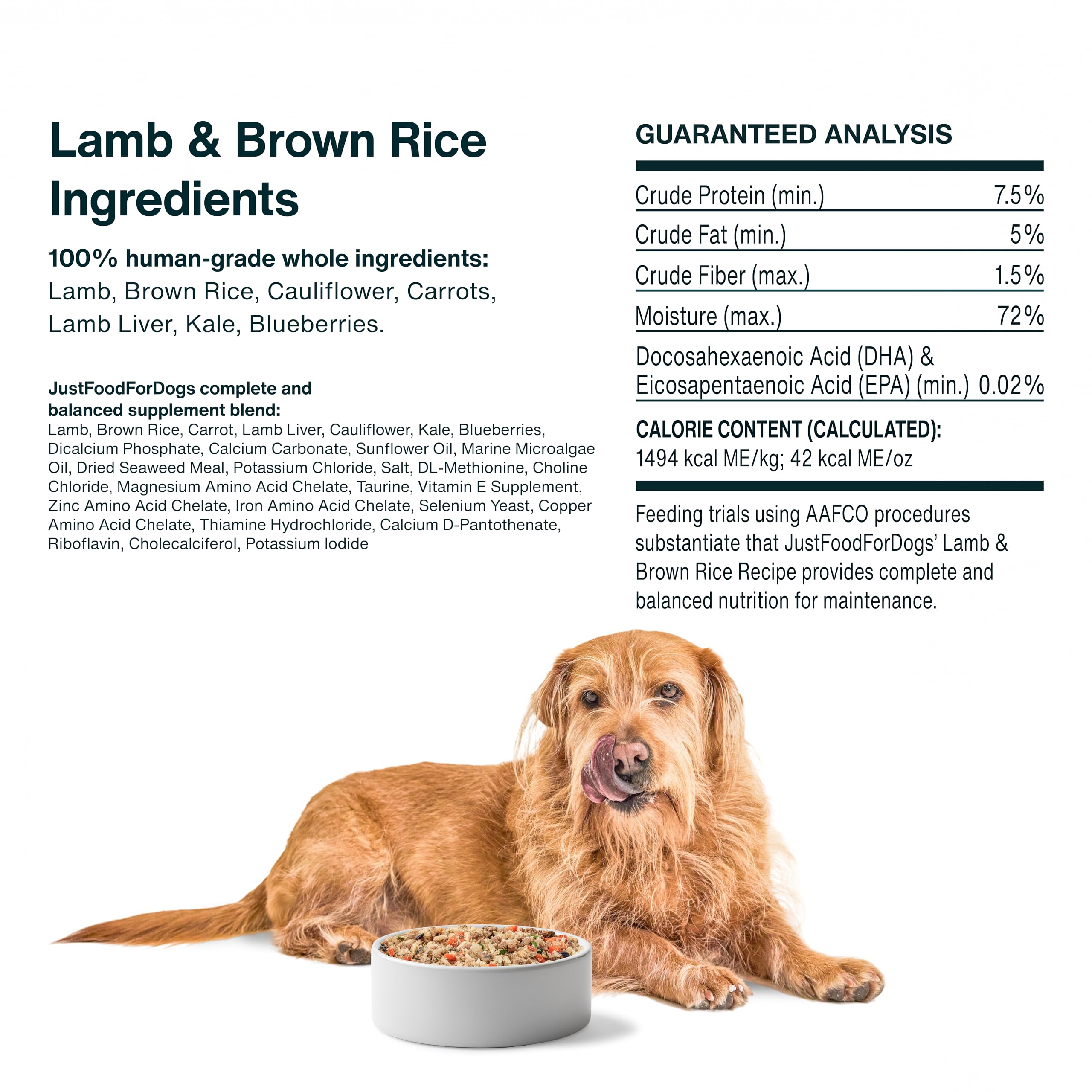 JustFoodForDogs Frozen Fresh Dog Food, Complete Meal or Topper, Lamb & Brown Rice Human Grade Dog Food Recipe, 72 oz (Pack of 7)