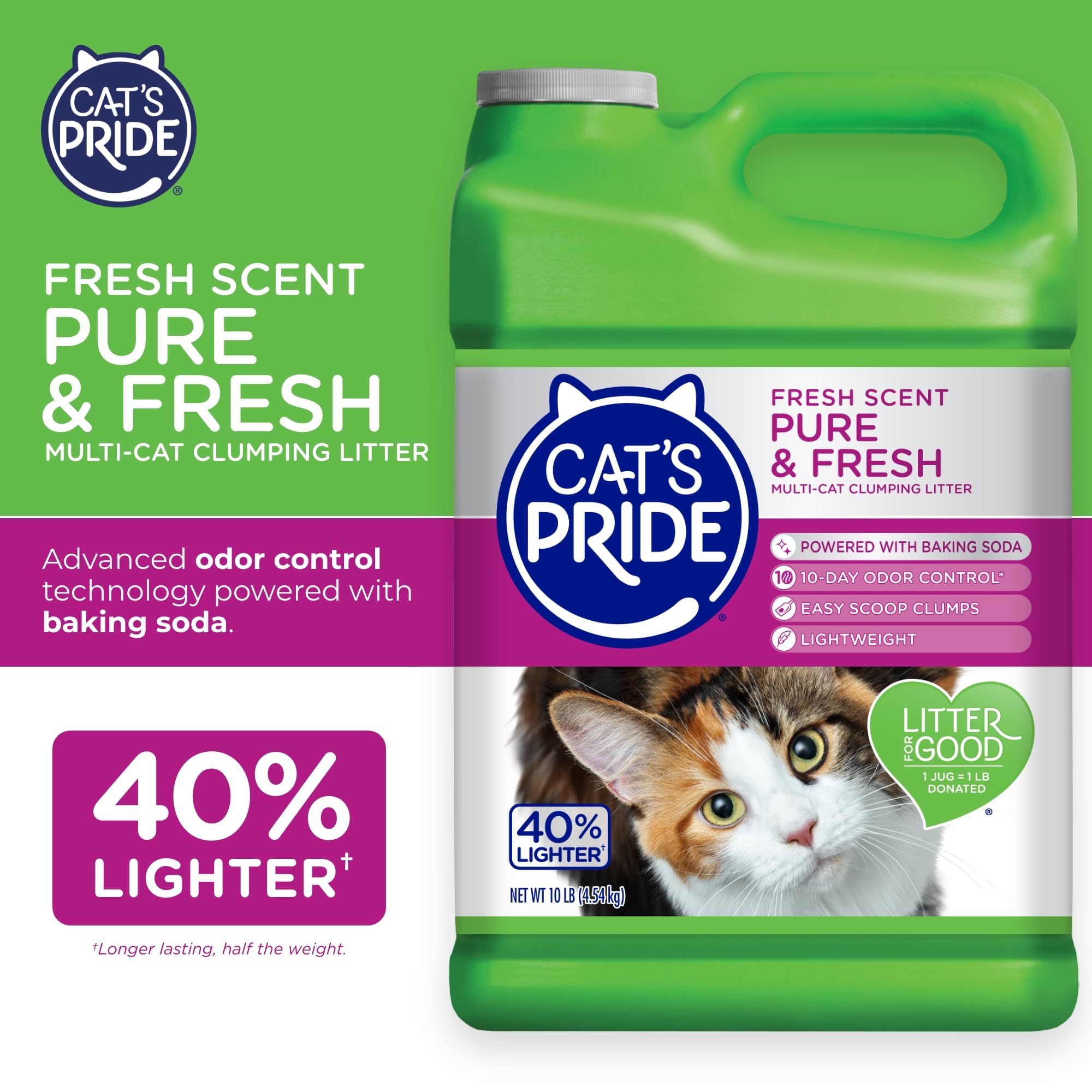 Cat'S Pride Premium Lightweight Clumping Litter: Pure & Fresh - Up To 10 Days Of Powerful Odor Control - Multi-Cat, Scented, 10 Pounds