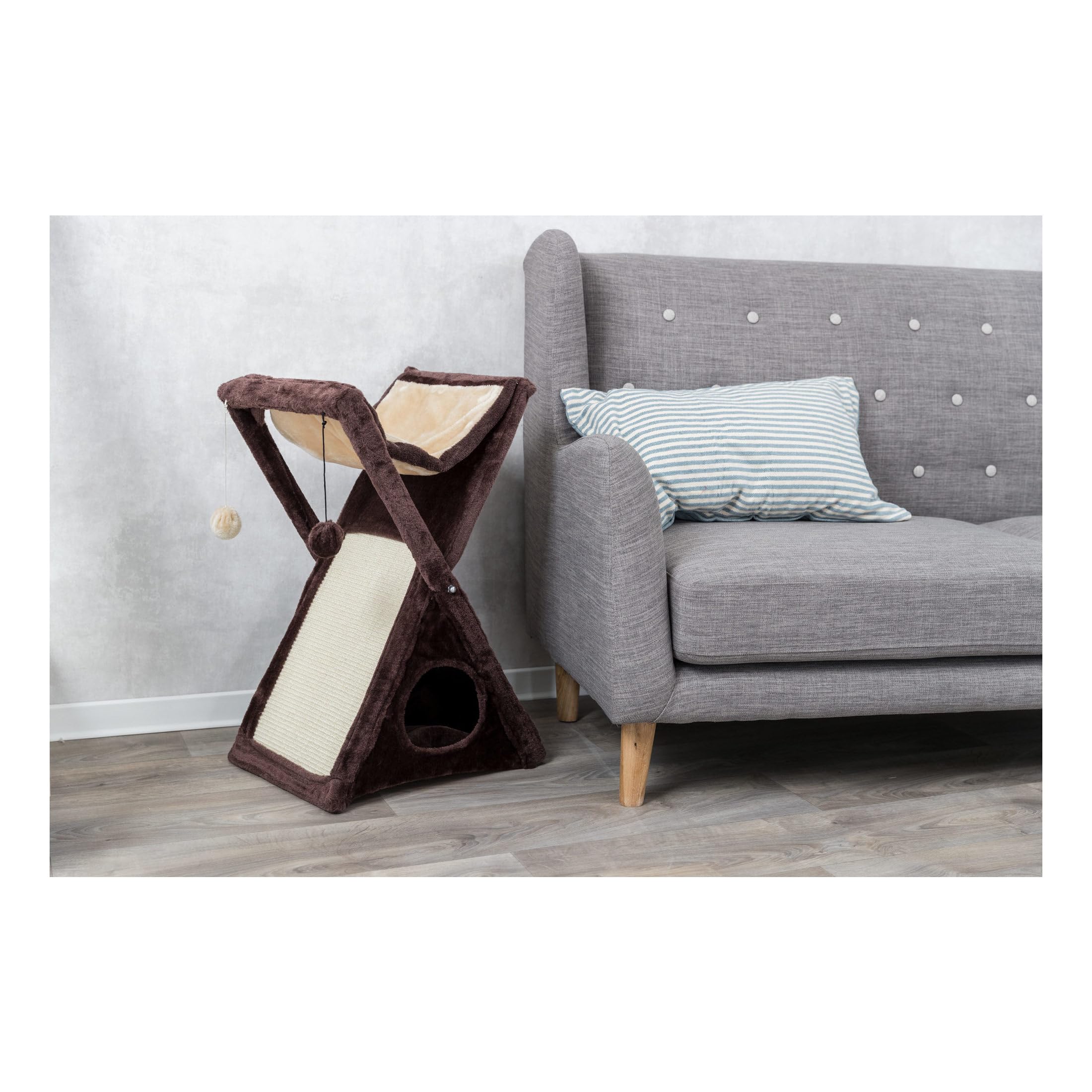 Trixie Miguel Fold And Store Cat Hammock | Dangling Pom Poms | Scratching Pad | Cat Cave, Brown, 20.25 X 13.75 X 25.5 Inches