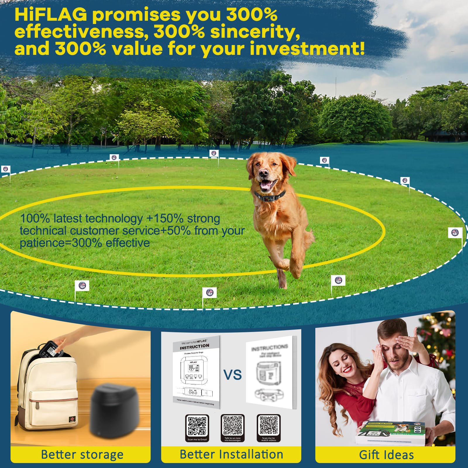 Hiflag 2025 Ai Technology Rechargeable Wireless Dog Fence System Electric Dog Fence Pet Containment System More Than 1 Acre Adju