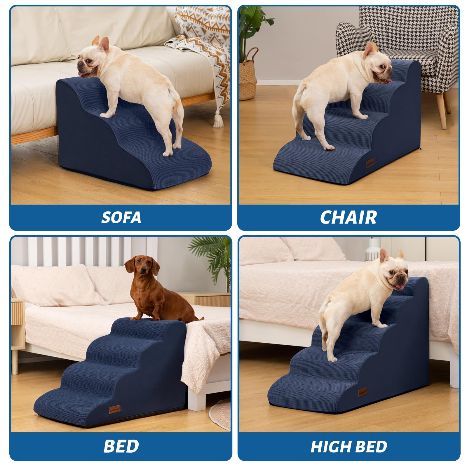 Aodisman 5-Step Dog Stairs & Ramp, Non-Slip Foam Pet Steps, 22.2" H, Blue