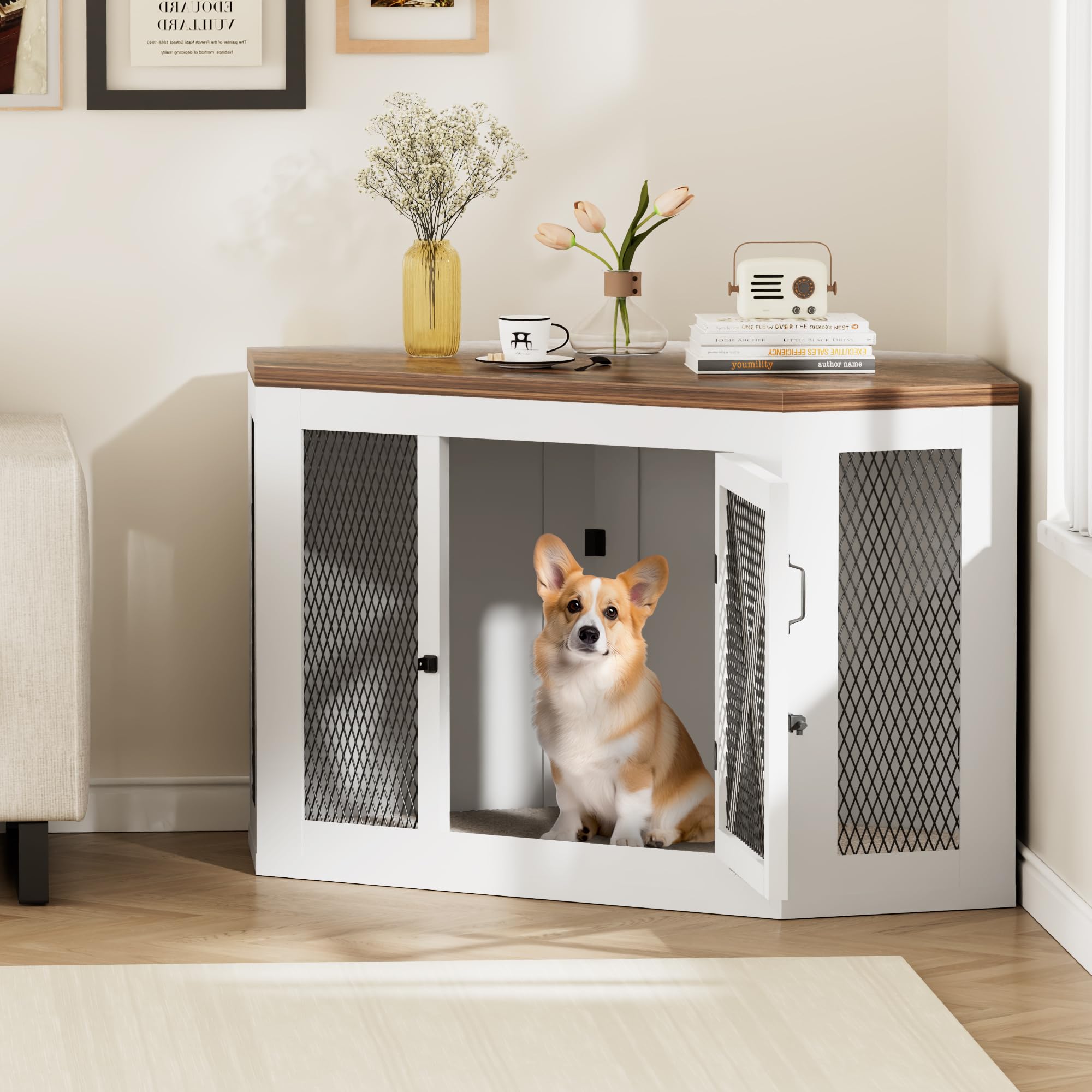 Xilingol Corner Dog Crate Furniture, Wooden Dog Kennel End Table With Mesh, Cage/House For Small Medium Large Dog, Decorative Pet Crate Indoor Use