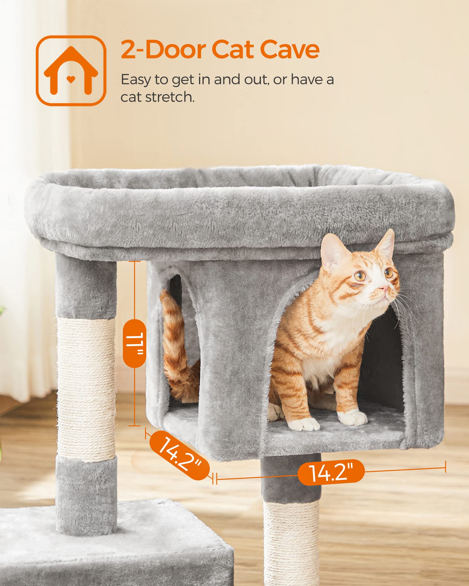 Feandrea Cat Tree, 33.1-Inch Cat Tower, L, Cat Condo For Large Cats Up To 16 Lb, Large Cat Perch, 2 Cat Caves, Scratching Post, Light Gray Upct61W