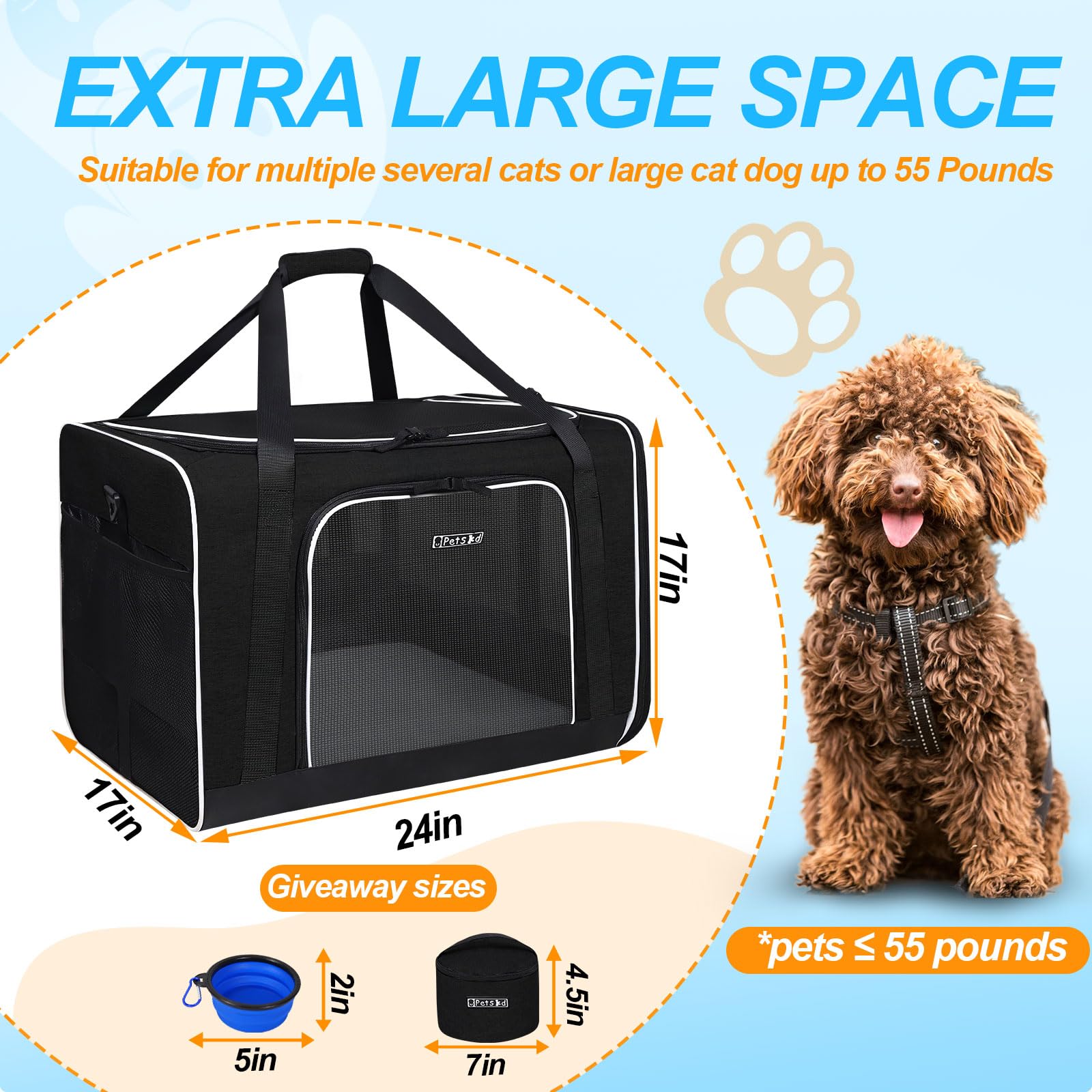 Petskd Extra Large Pet Carrier 24 x17 x17  for Large Cat or Medium Dog, Collapsible Soft Sided Dog cat Carrier for Long Trips wi