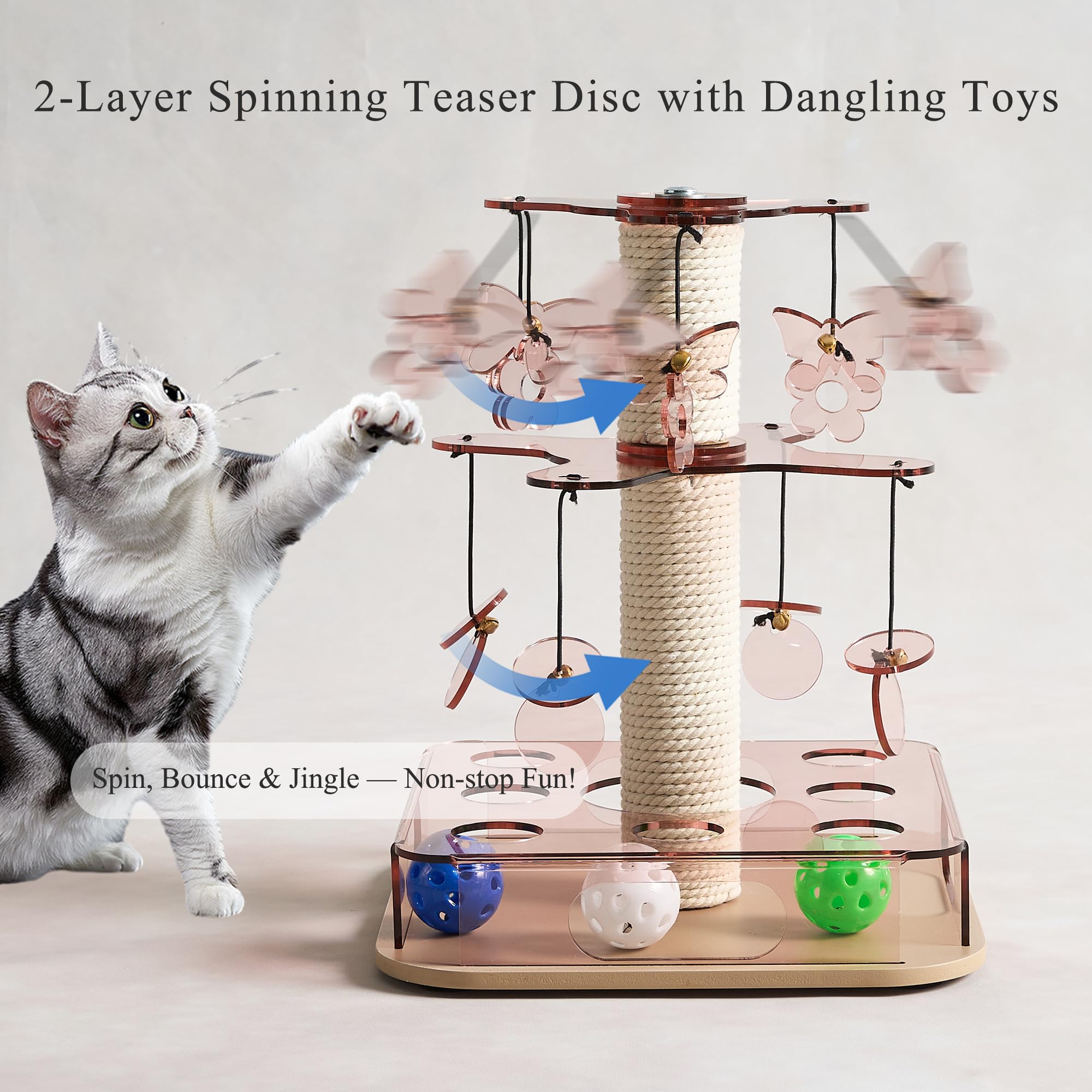 Kicari Modern 3-in-1 Interactive Cat Toy with Scratching Post, Cat Puzzle Toys for Indoor Cats with Colorful Jingle Balls, 2-Lay