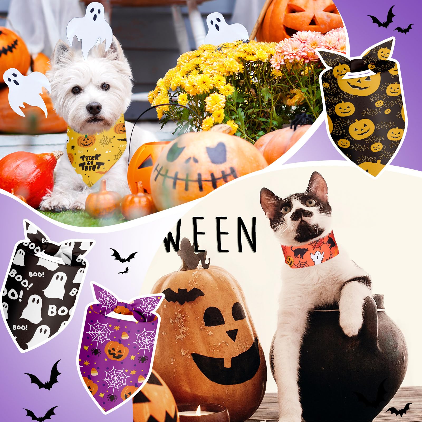 Shyyween 100 Pieces Halloween Dog Bandanas Bulk Pumpkin Ghost Bandanas for Dogs Soft Triangle Bibs Adjustable Triangle for Small