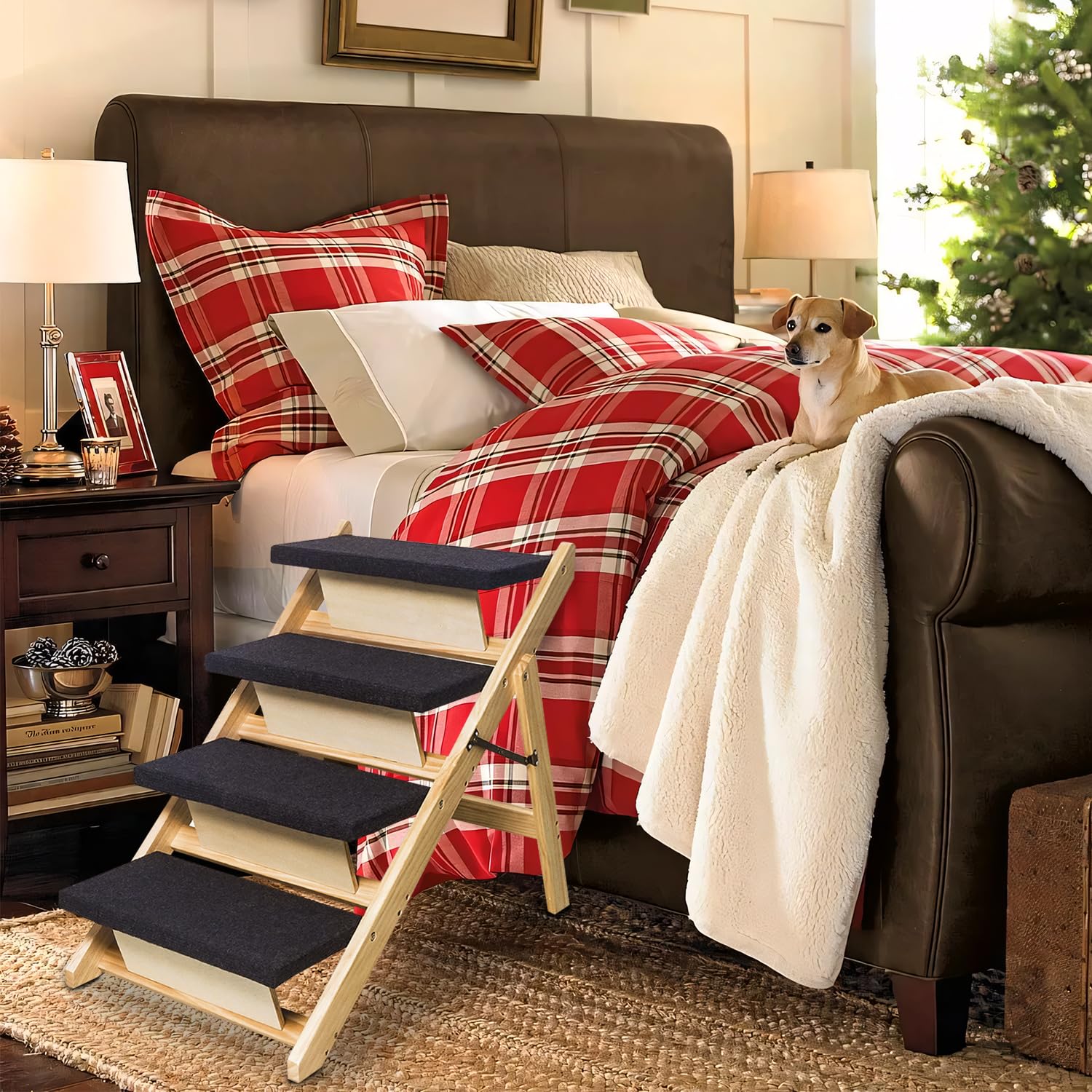 Briky 2-In-1 Dog Stairs/Ramp With 4 Steps, Foldable Dog Stairs For High Beds Cars Couch, Durable Wooden Pet Stairs For Small Med