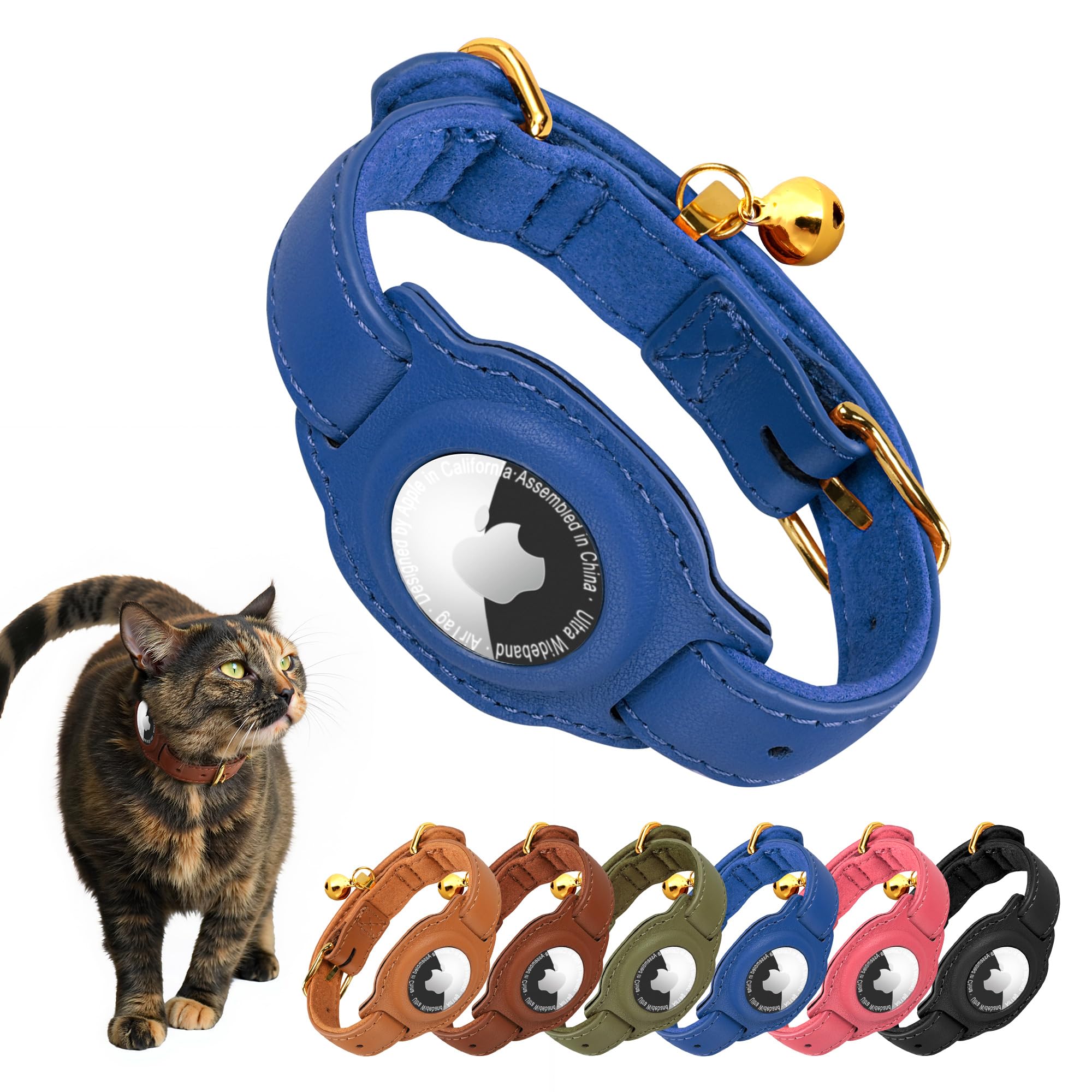 Jowlroel Airtag Cat Collar With Bell & Fabric Liner - Pet Collar Leather Cat Collar - Non Breakaway Leather Kitten Collar With A