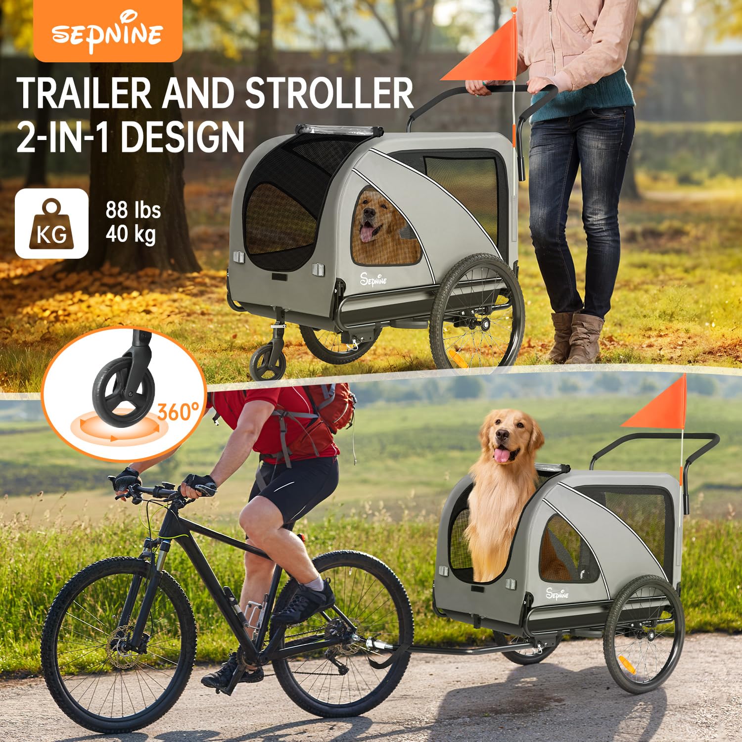 Sepnine Dog Bike Trailer, Supports up to 88 lbs, 2-in-1 Pet Stroller Cart Bicycle Carrier, Easy Folding Cart Frame with Quick Re