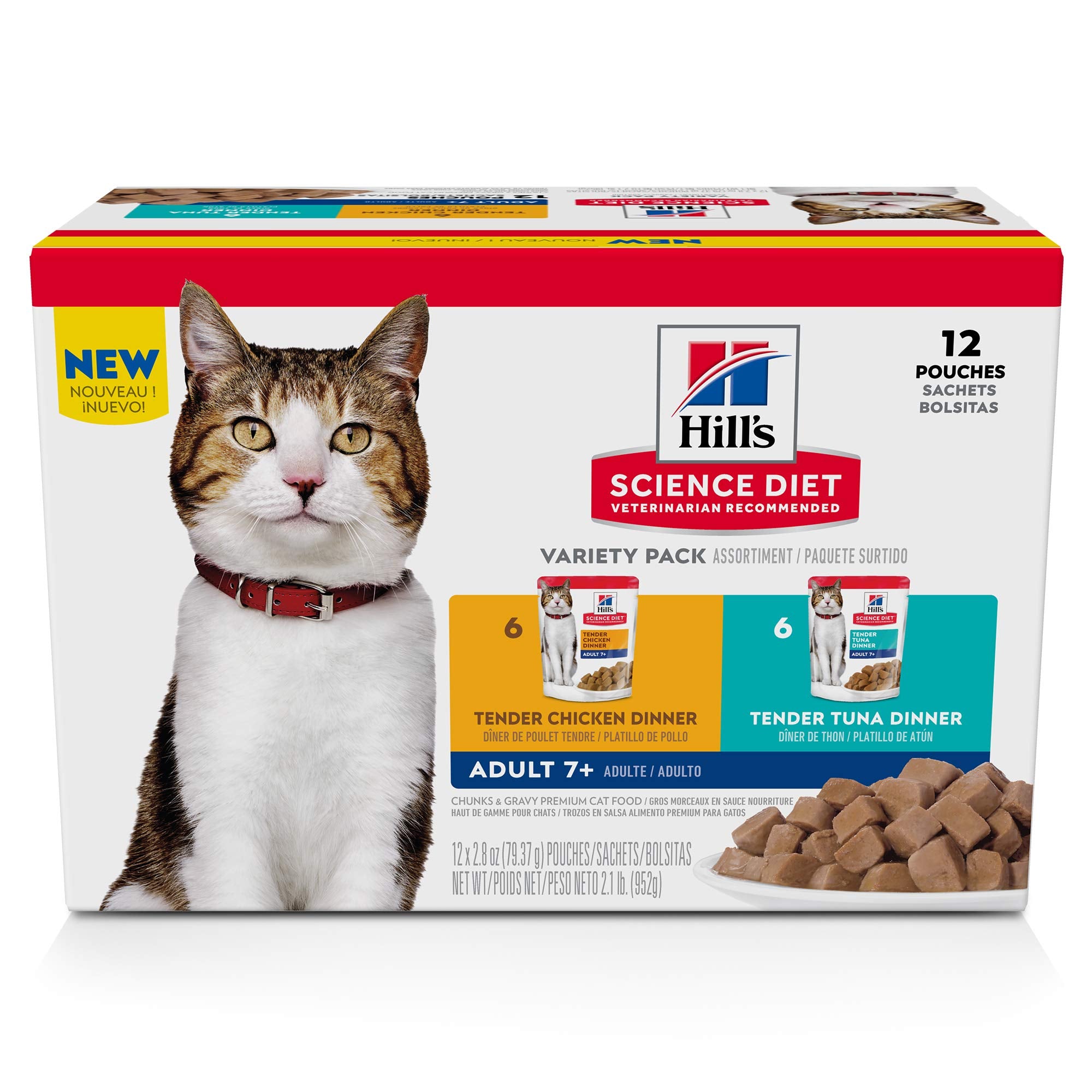 Hills Science Diet Adult 7+, Senior Adult 7+ Premium Nutrition, Wet Cat Food, Variety Case: Chicken; Tuna Stew, 2.8 oz Pouch Va