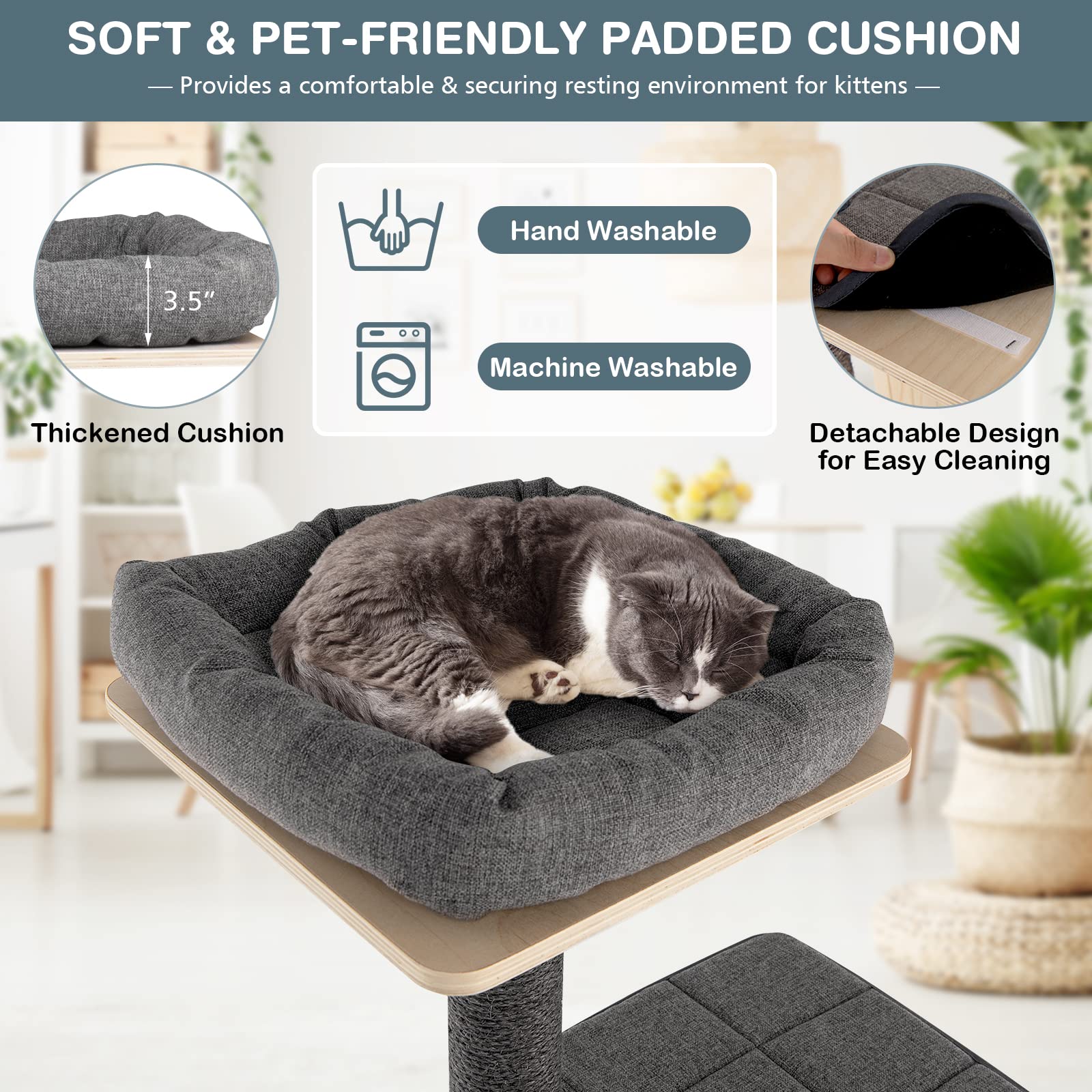 Petsite 69' Tall Wooden Cat Tree Tower, Modern Cat Activity Center Tree With Sisal Posts & Scratch Board, Condo & Top Perch For Kitchen & Large Cat, Grey