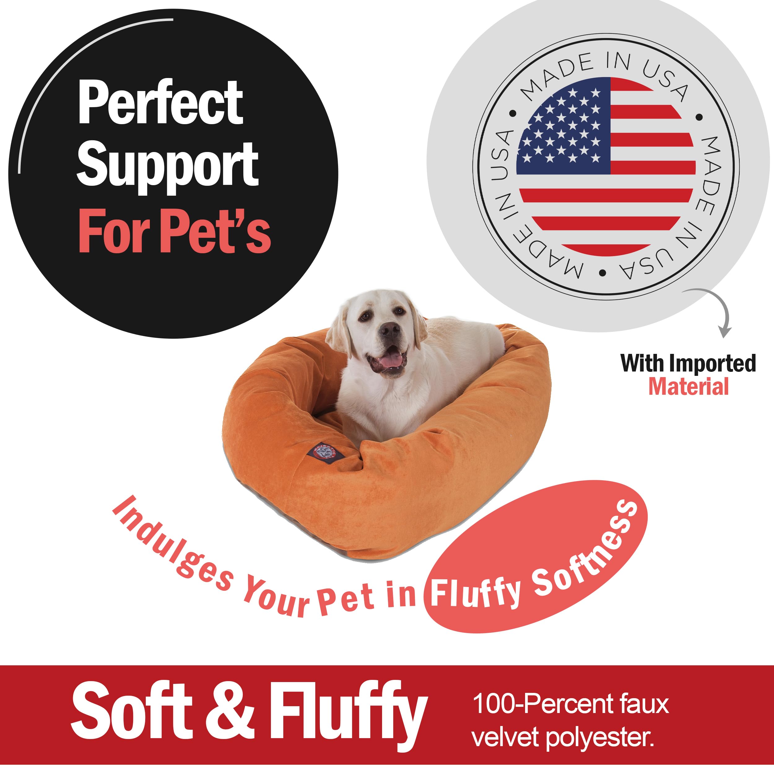 Majestic Pet 40 Inch Micro Velvet Calming Dog Bed Washable – Cozy Soft Round Dog Bed With Spine For Head Support - Fluffy Donut Dog Bed 40X29X9 (Inch) – Round Pet Bed Large – Orange