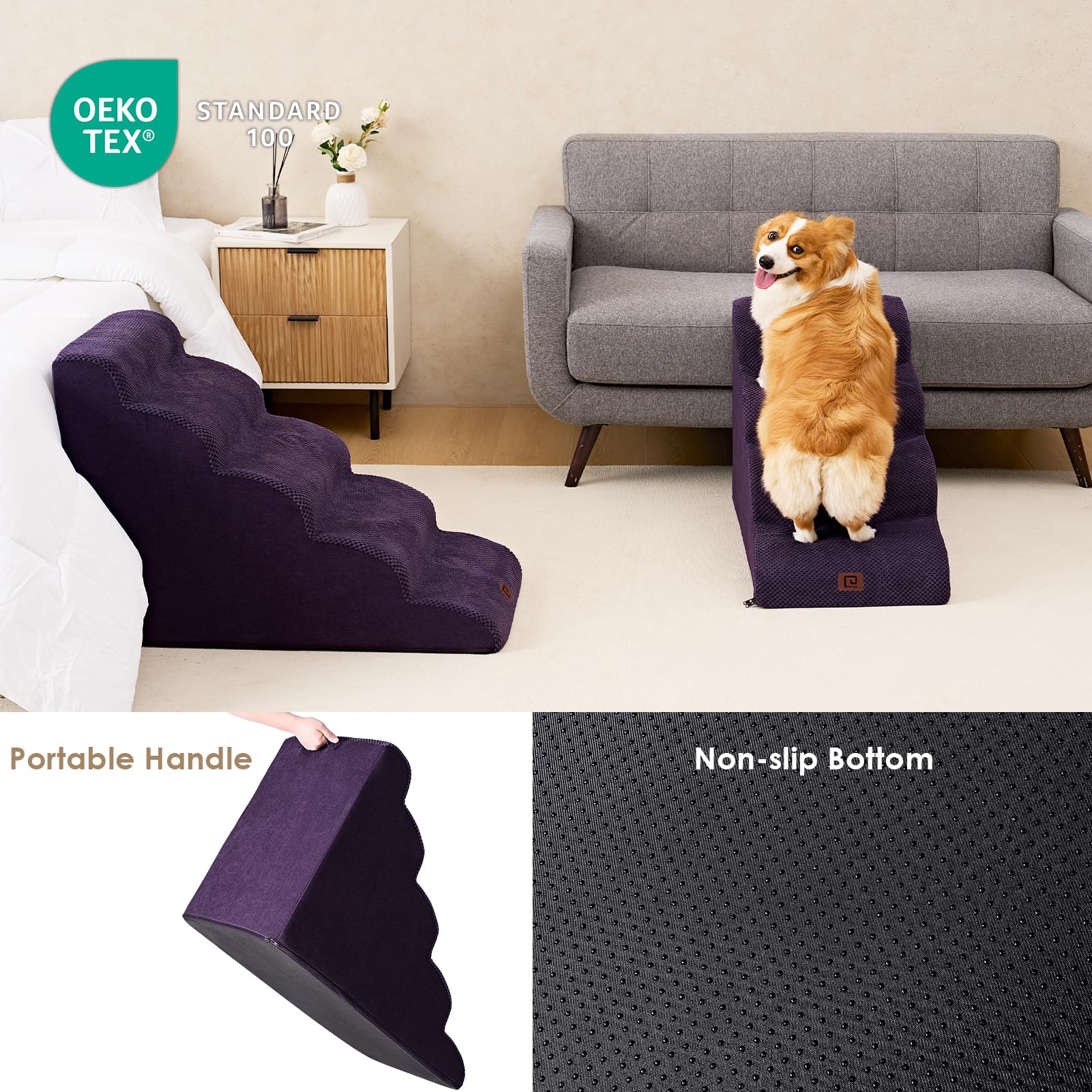 EHEYCIGA Curved Dog Stairs Ramp - 4-Step Pet Steps for High Beds, Non-Slip, Purple, 19.7" H, Model ECUS24PPT10FB