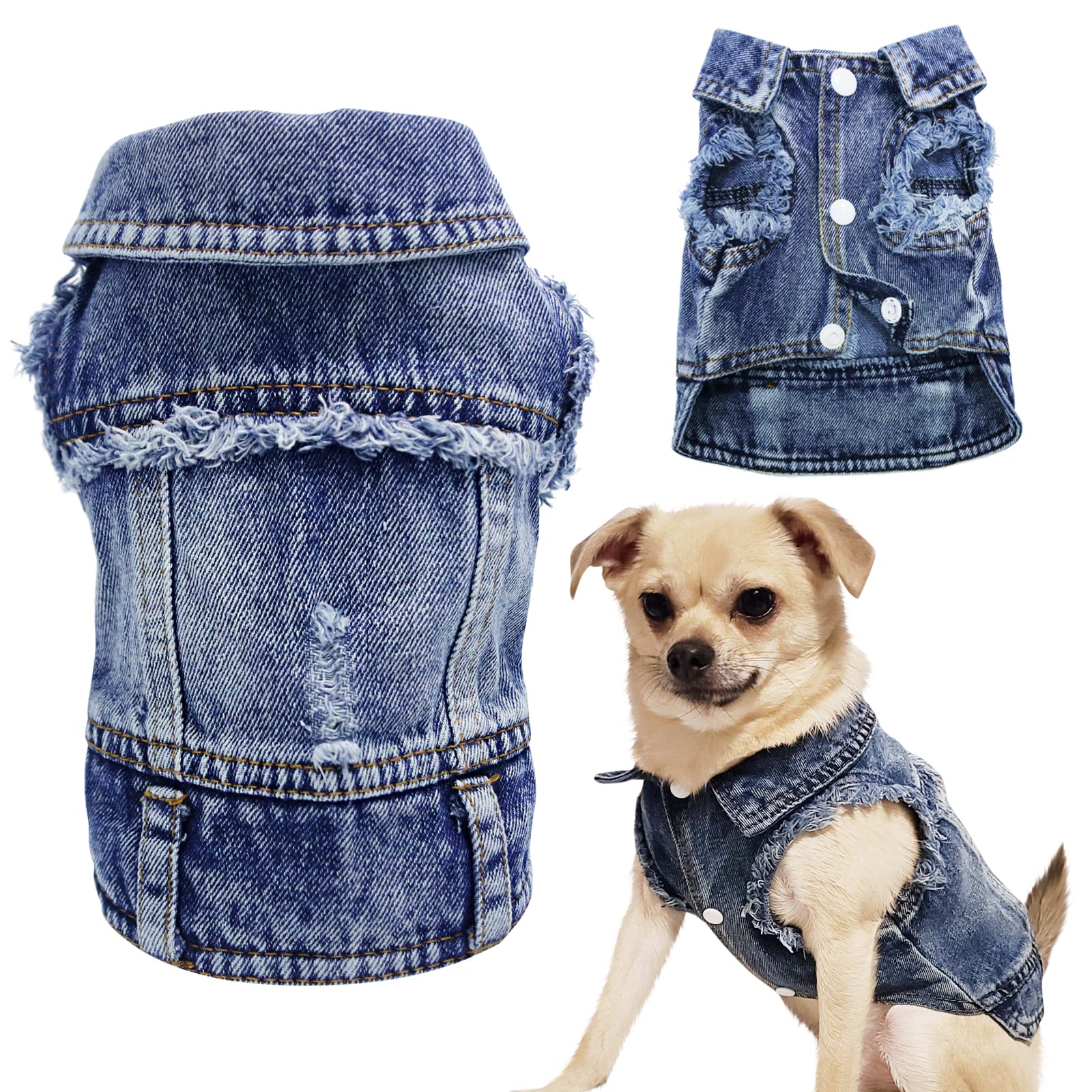 Sild Pet Clothes Dog Jeans Jacket Cool Blue Denim Coat Small Medium Dogs Lapel Vests Classic Hoodies Puppy Blue Vintage Washed Clothes (L, Blue D)