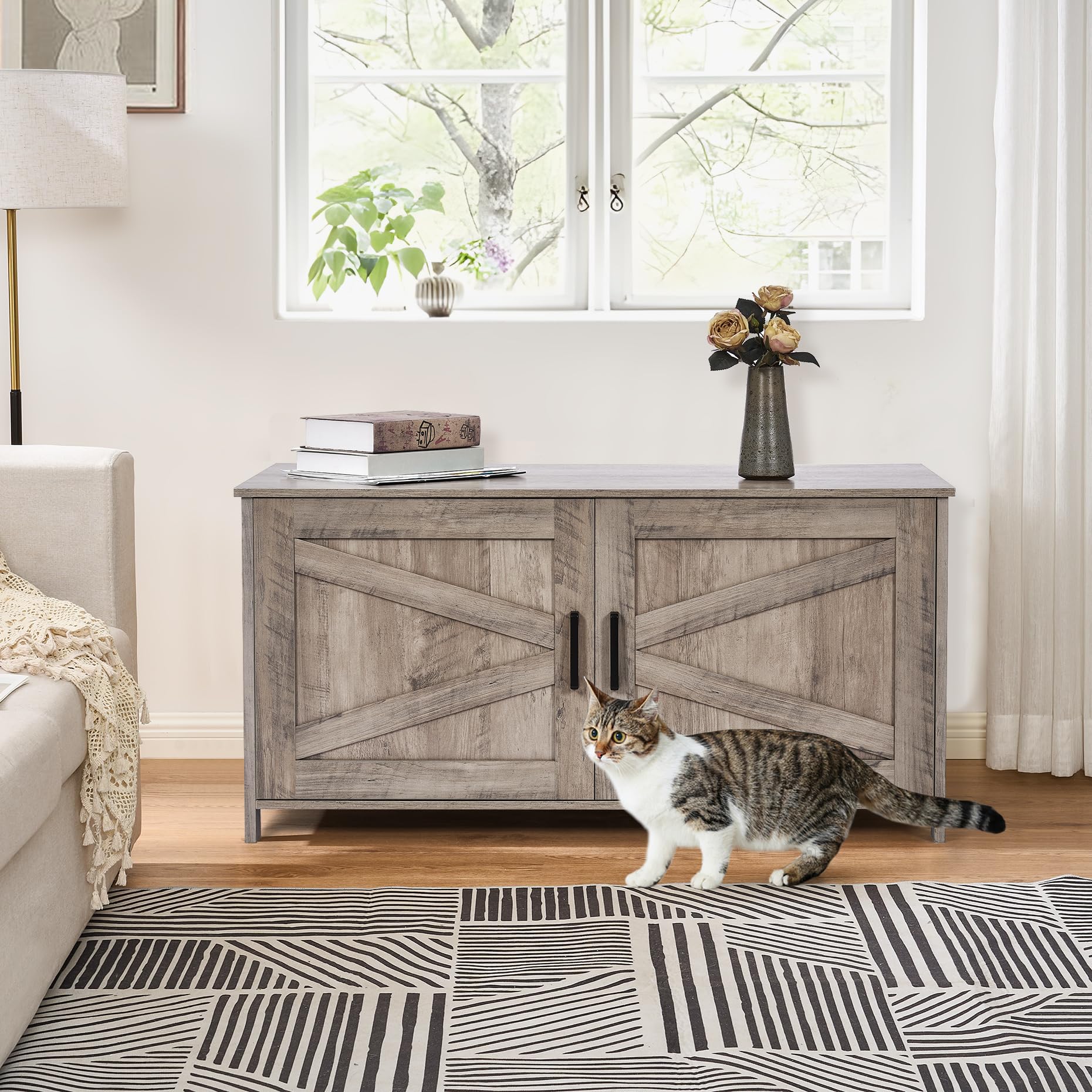 Homhedy 39.4'' L Cat Litter Box Enclosure, Pet House With Barn Door, Wooden Cat Washroom Furniture, Fit Most Of Litter Box, Grei