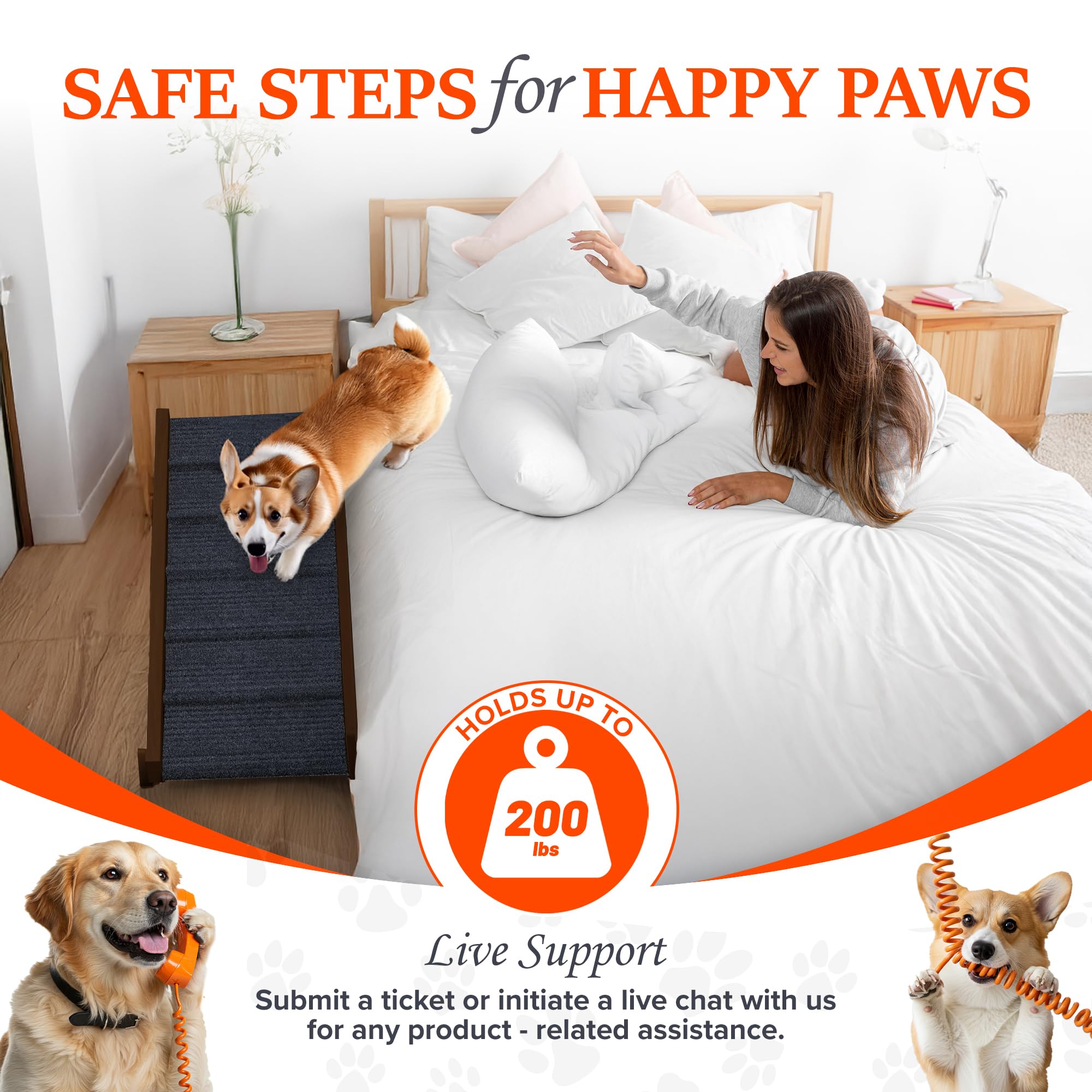 Pathosio Dog Ramps For Bed Portable Dog Ramp For Couch, Folding Dog Ramp For All Breeds Real Wooden Ramp For Dogs To Get On Bed,