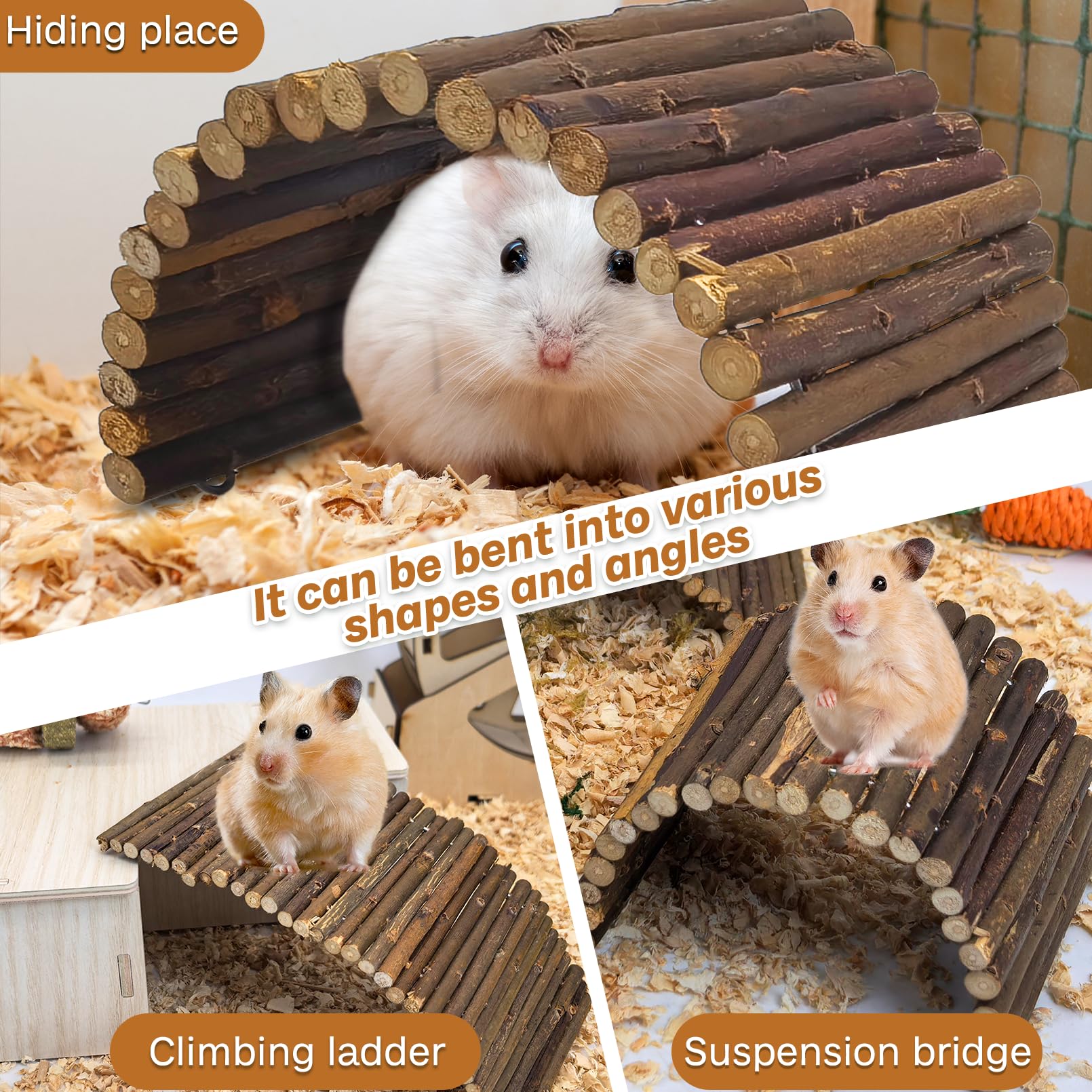 Pinvnby Hamster Toys, Wooden Hamster Ladder Bridge Tunnel Hide, Hamster Cage Accessories For Chinchillas Guinea Pigs Hamster Mouse Rat Ferre, Rodents Natural Hideout For Small Animals (2Pack)