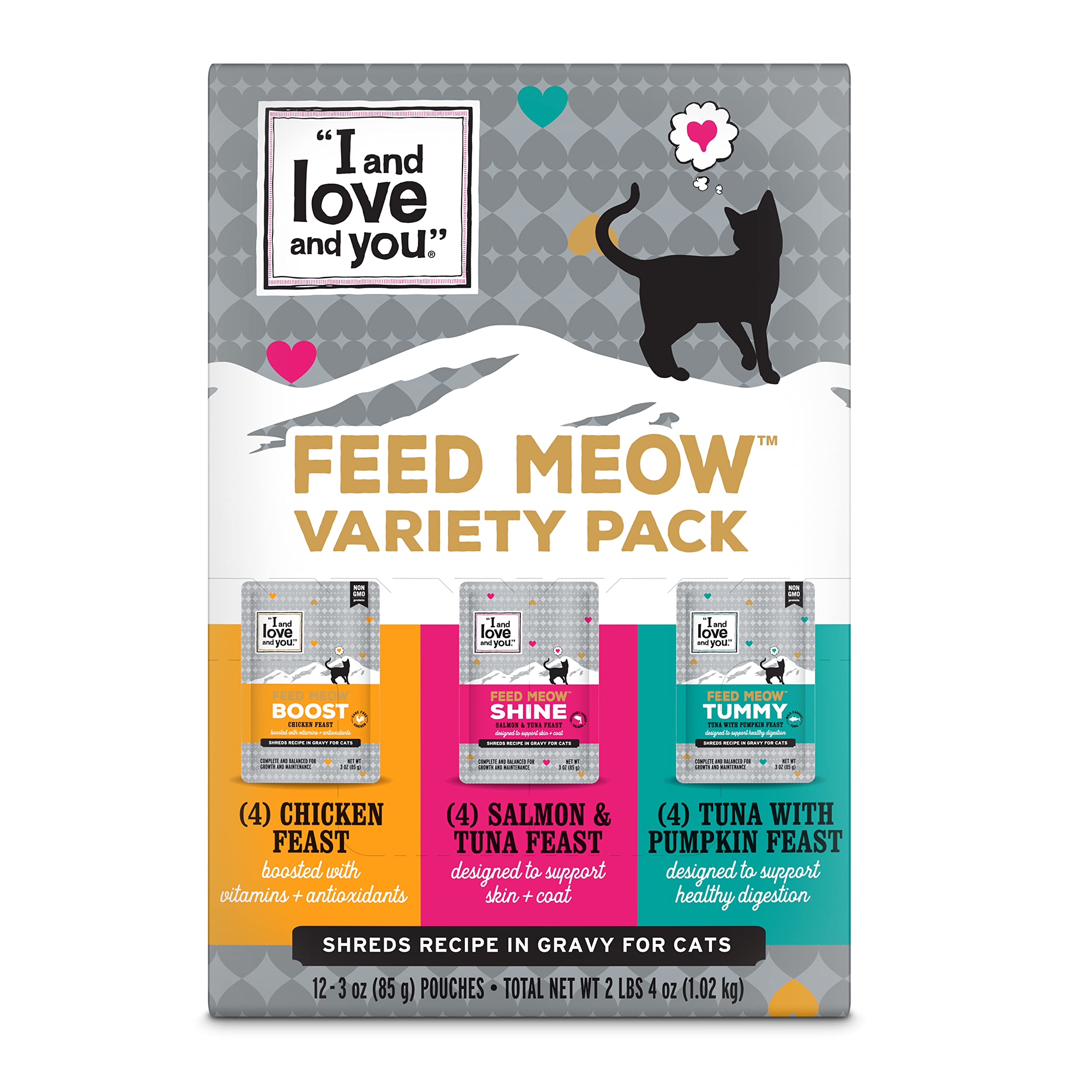 I and love and you Feed Meow Variety Pack  Salmon, Chicken, Tuna  Grain Free, Shredded, No Fillers 3oz Pack of 12