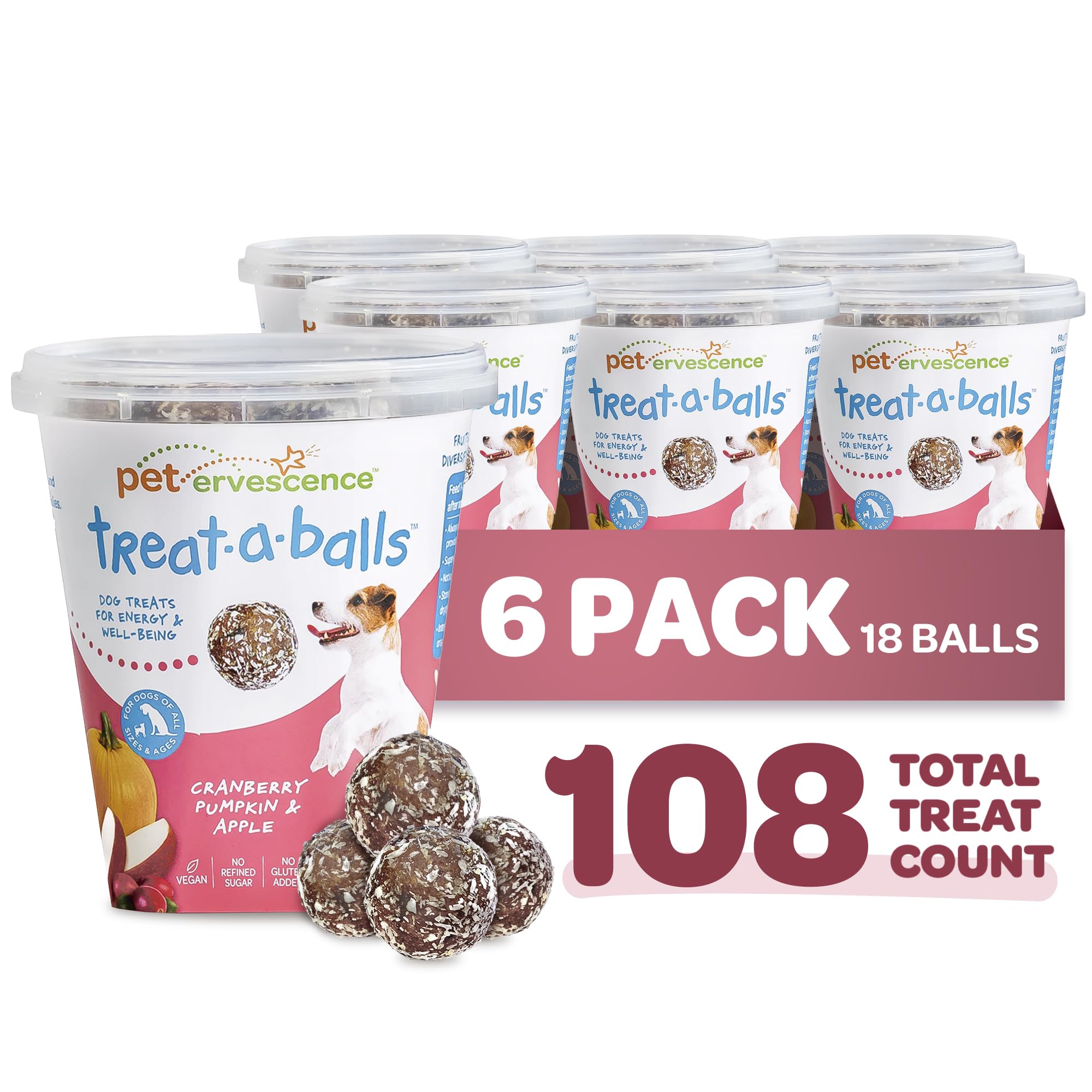 TREAT-A-BALLS Cranberry, Pumpkin & Apple Healthy Dog Treats - Vegan, Non-GMO, Gluten-Free, 7oz (Pack of 6) - All Natural, Soft &