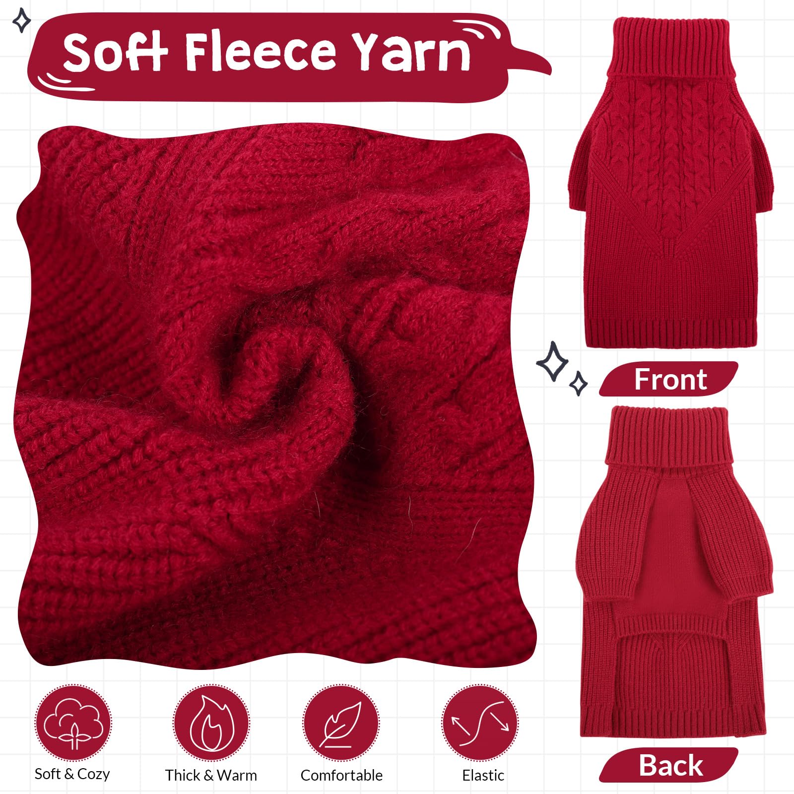Queenmore Puppy Sweaters - Warm Winter Or Fall Dog Sweaters ( Solid Turtleneck Knit, Red ) For Dog Girls & Boys, Small To Large