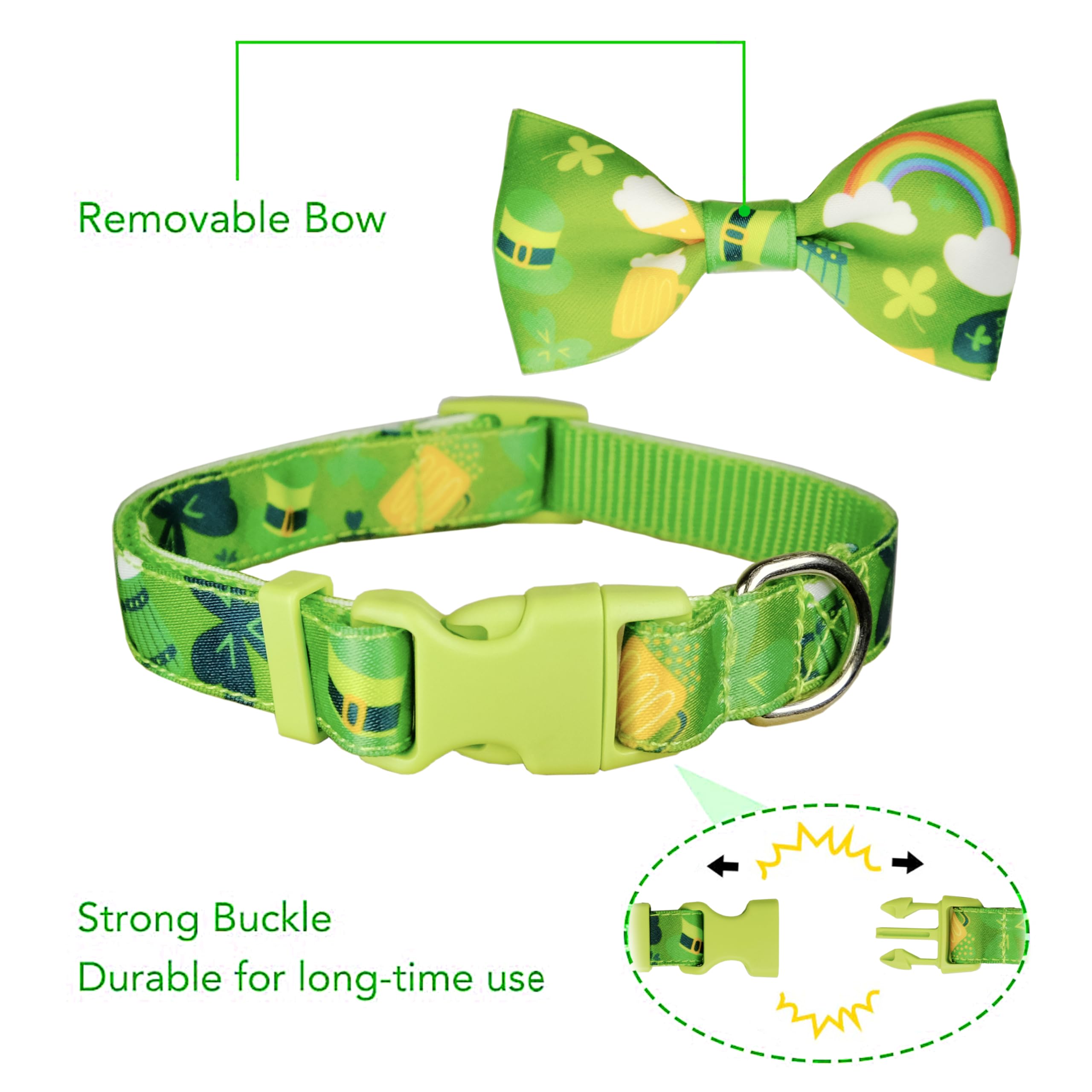 St. Patricks Day Dog Bow Tie Collar, Adjustable Green Shamrock Pattern Pet Collar With Detachable Bowtie, Festive And Comfortabl