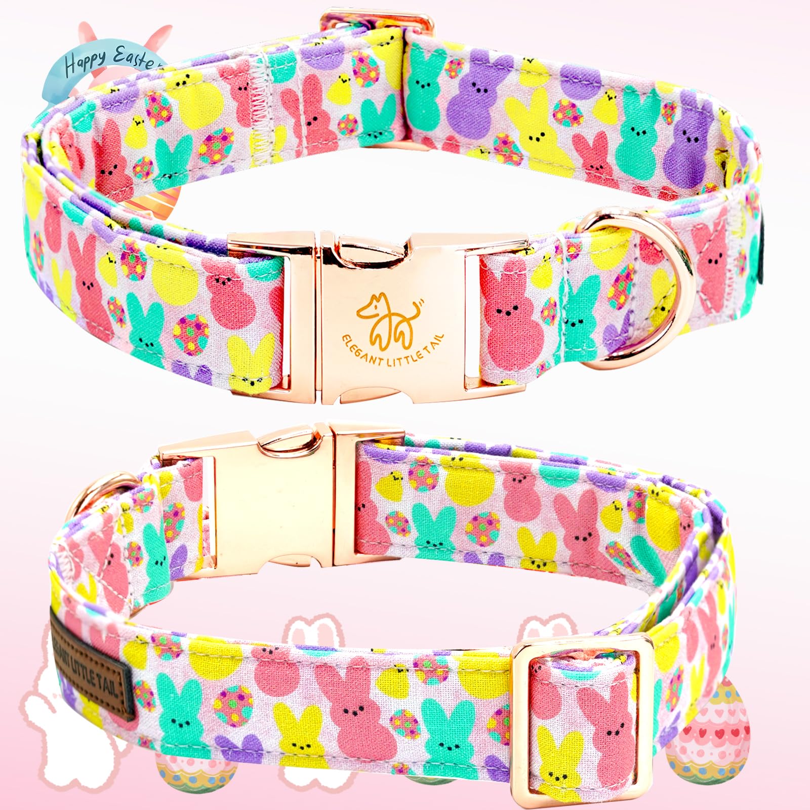 Elegant Little Tail Pink Bunny Print Easter Dog Collar, X-Small, Cotton, Durable, Bunny Pattern, Adjustable, Puppy