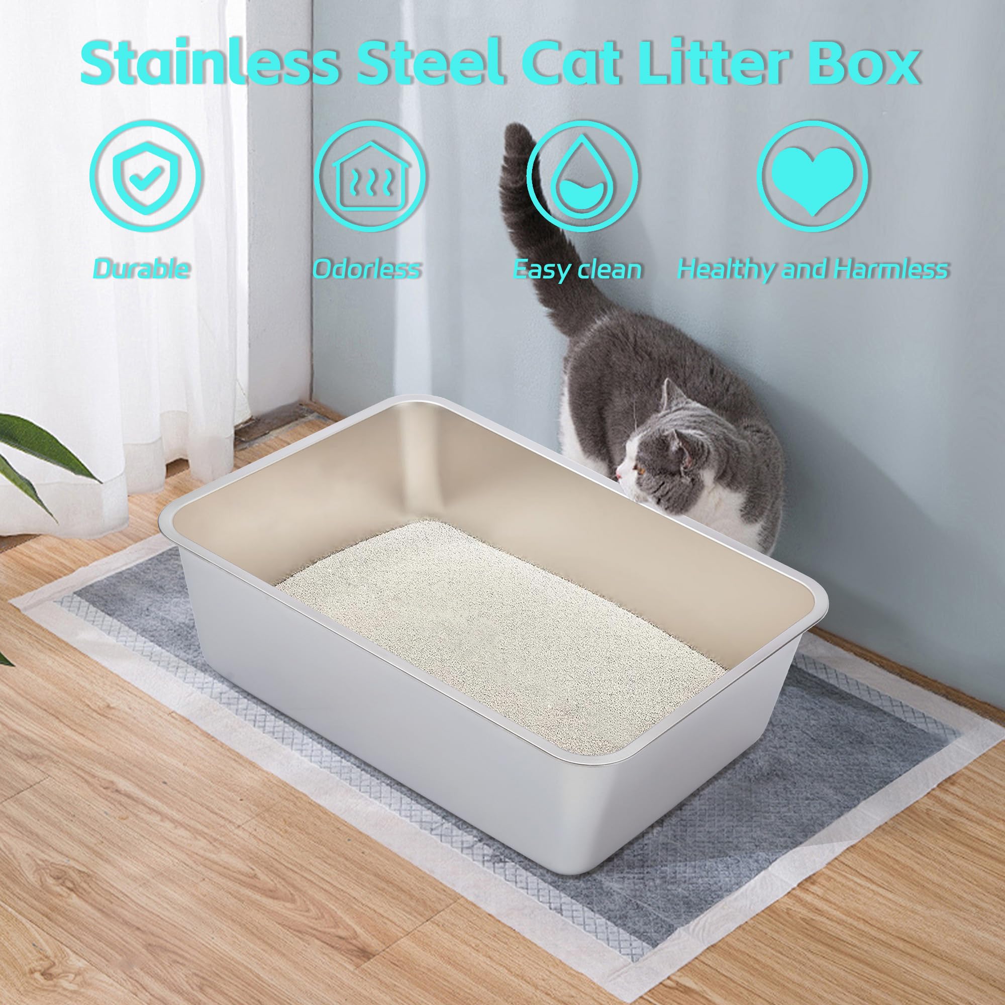 Egmehoad Stainless Steel Cat Litter Box 2 Pack,Metal Litter Box For Big Cats 8In Deep, Metal Pet Toilet Easy To Clean,High Sided